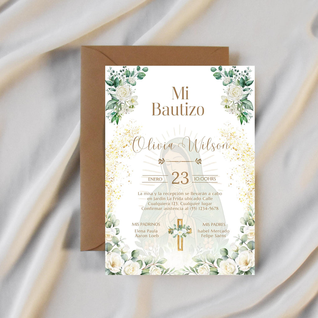 Invitacio de Bautizo Para Nina o Nino, Virgen de Guadalupe Boho Floral Invite Design