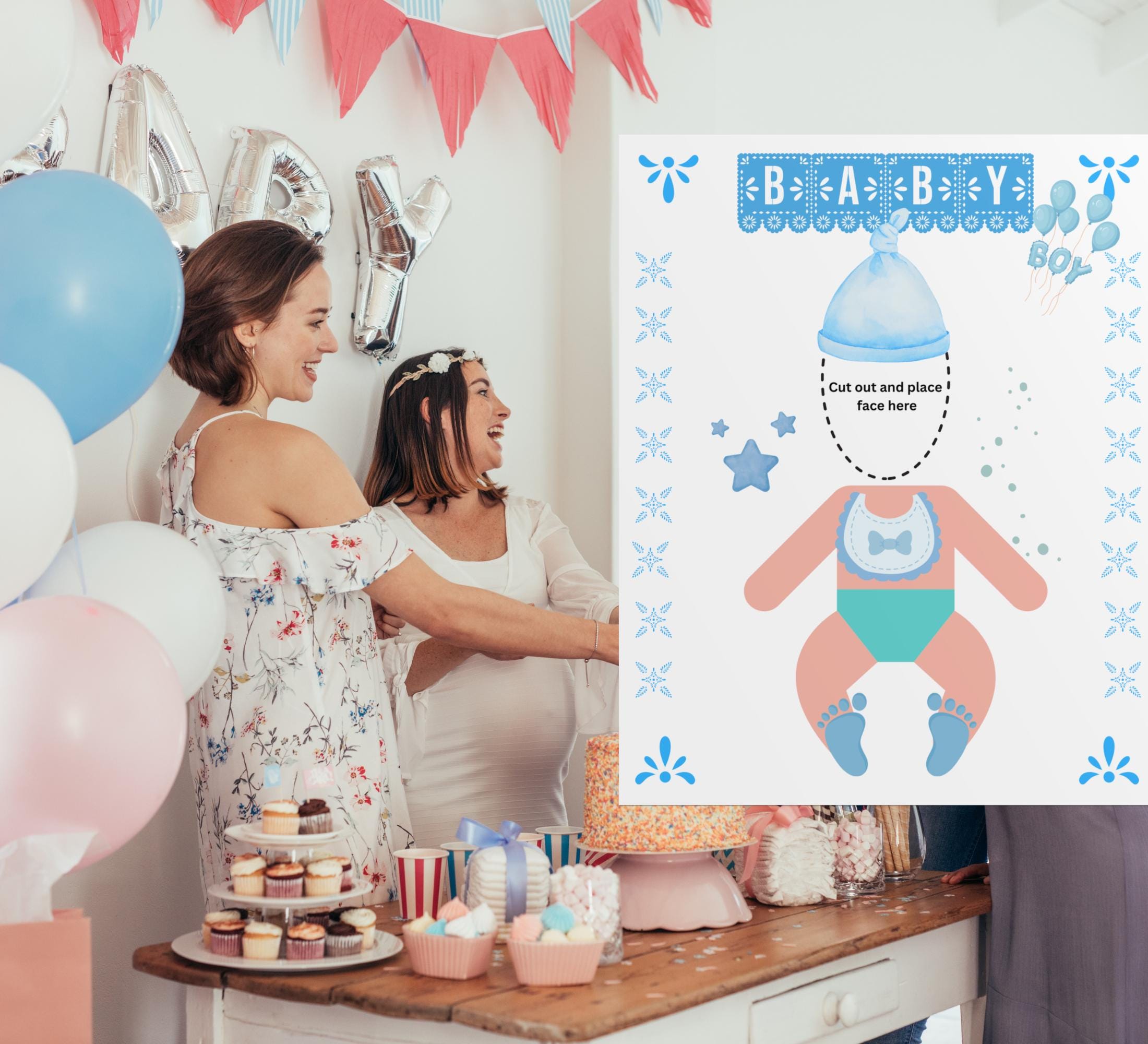 Funny Baby Shower Game: Feed the Baby Poster, Blue Theme (Digital Download) Face Cut Out