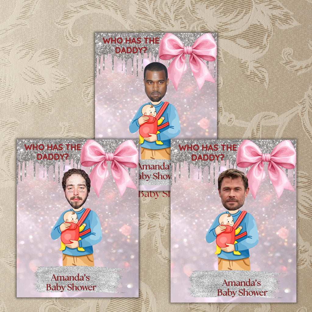 Digital Baby Shower Game, Who Has The Daddy, Coquette Pink and Silver Theme Scratch-Off Cards