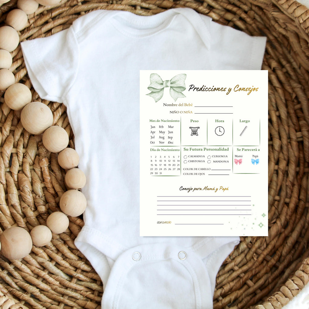 Spanish Baby Shower Prediction and Advice Card Printable, Gender Neutral Green Baby Activity Game