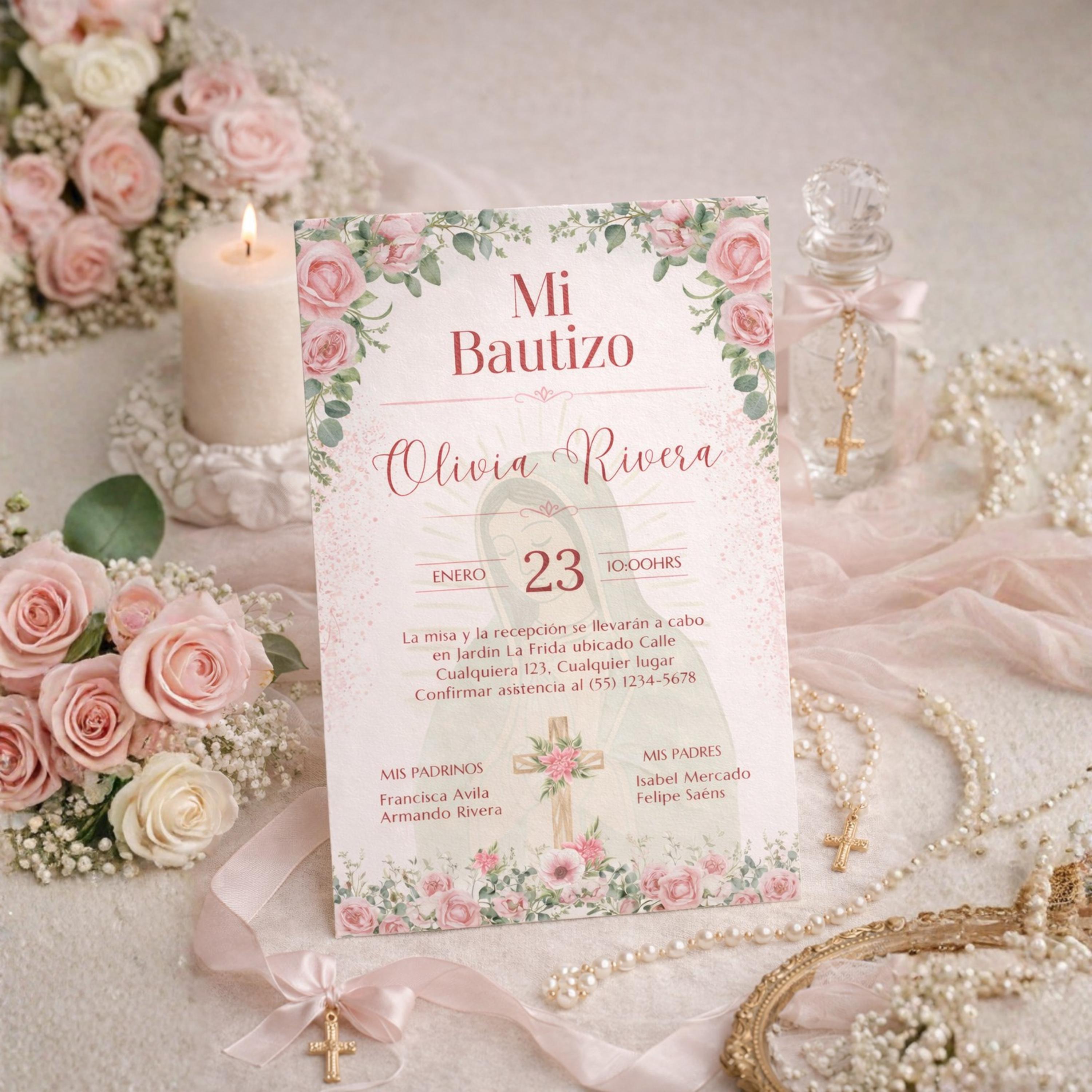 Pink Floral Spanish Baptism Invitation, Editable Elegant Christening Template, Pink Roses Invite For Girl