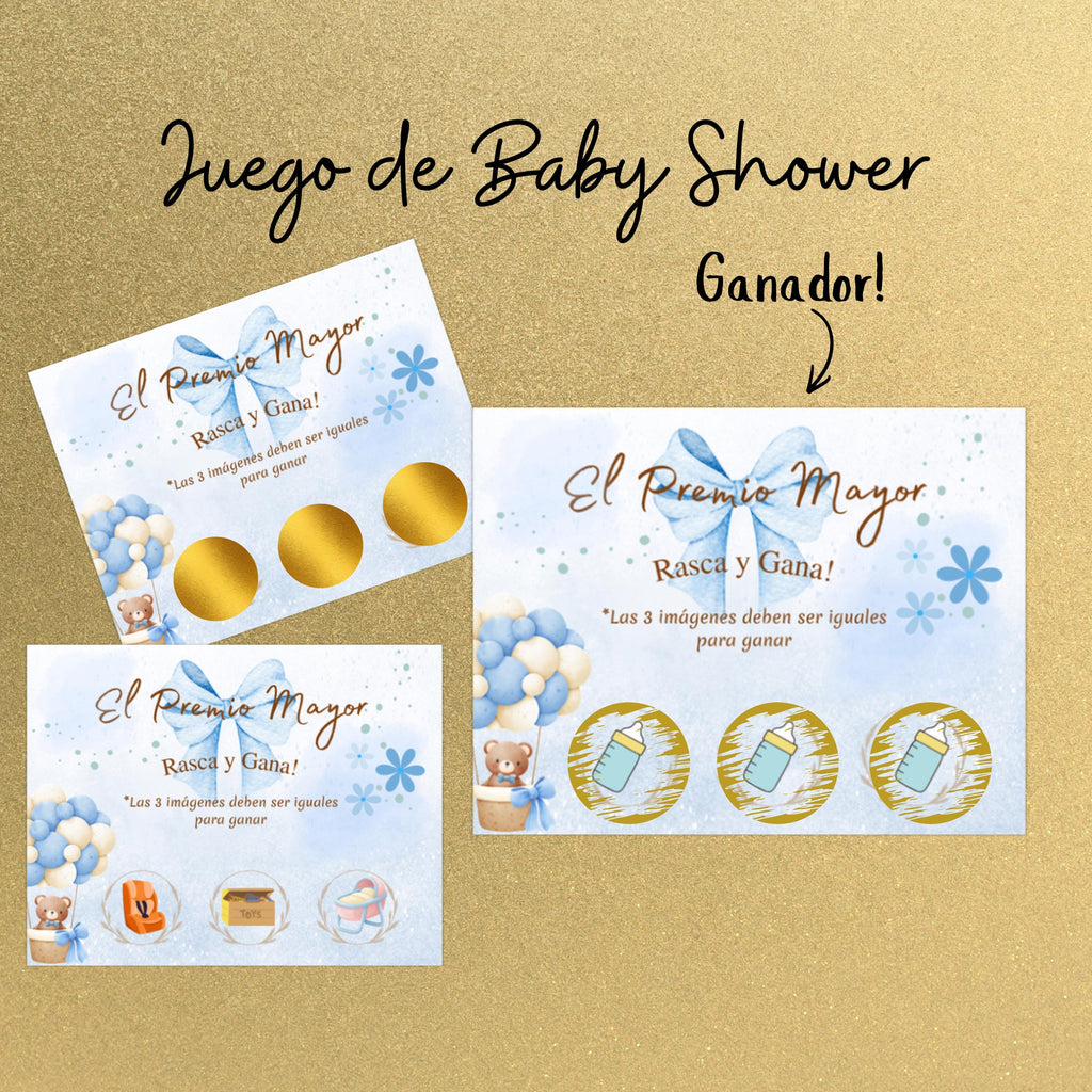 Spanish Baby Shower Jackpot, El Premio Mayor Scratch-Off Cards, Blue Baby Boy Party Game