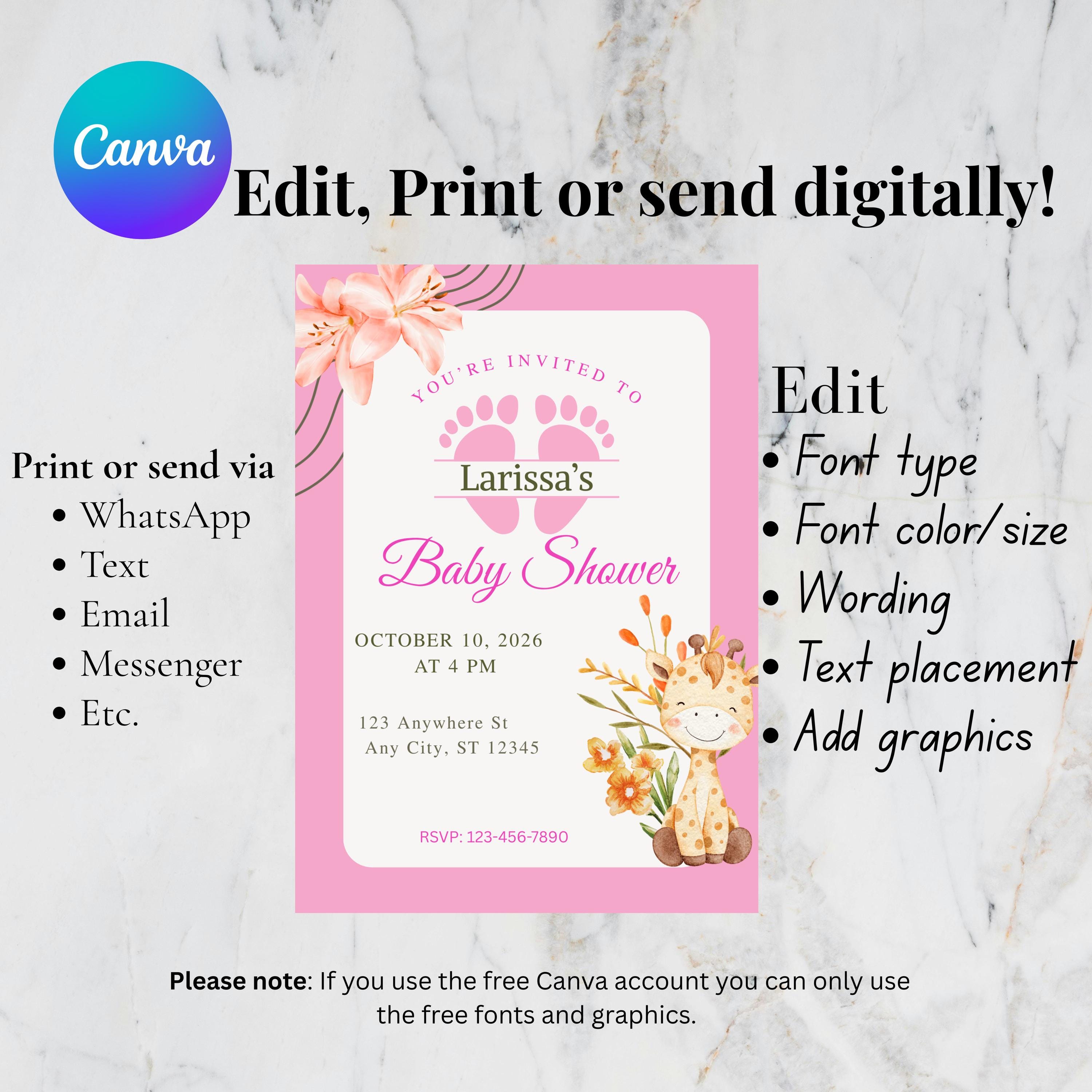Editable Baby Shower Invitation Girl, Personalized Pink Party Invite, Canva Template, Instant Download