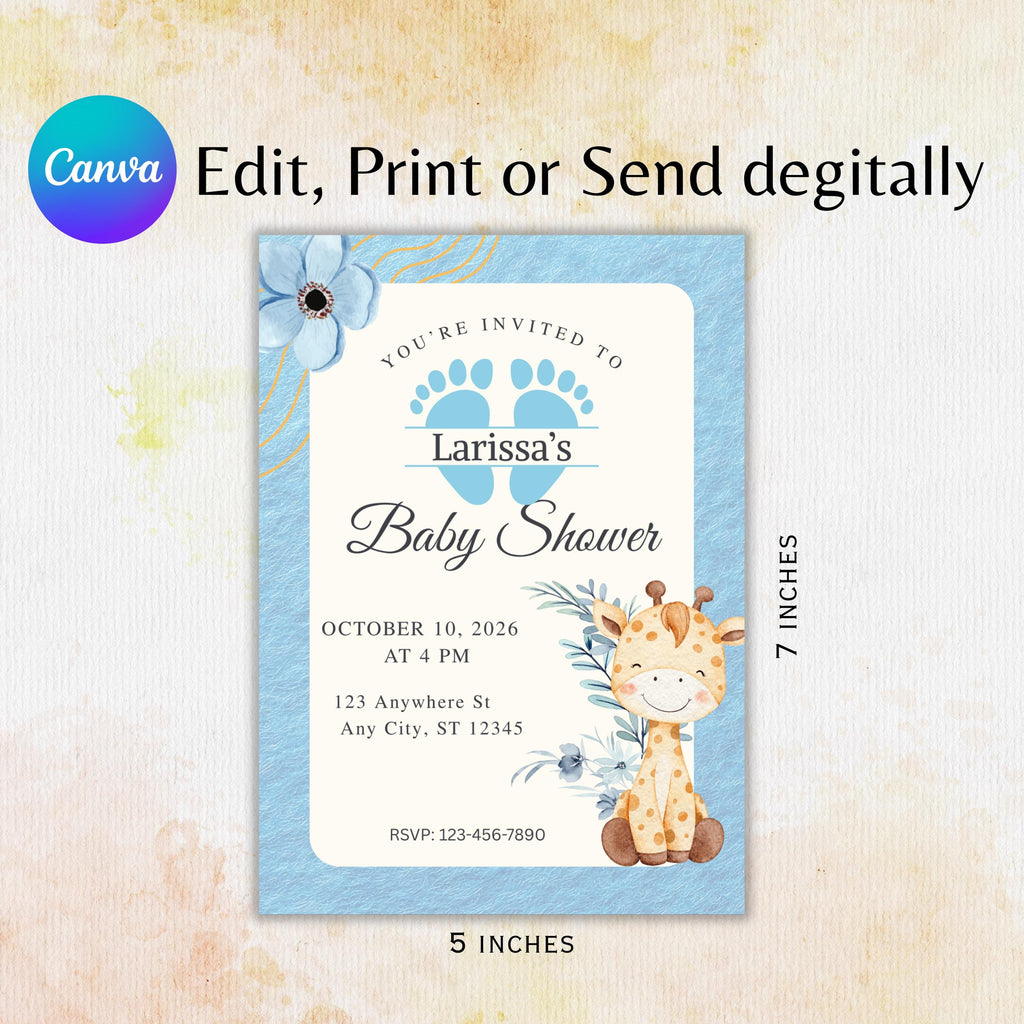 Editable Baby Shower Invitation, Blue Floral Boy Invite, Canva Personalized Template, Digital Download
