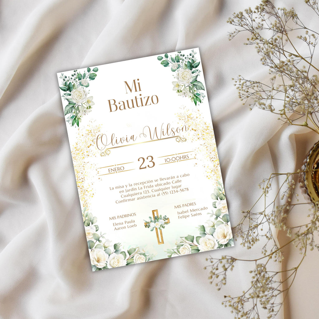 Baptism Invitation, Invitacion de Bautizo, Floral Boho Elegant Invitation for Religious Event