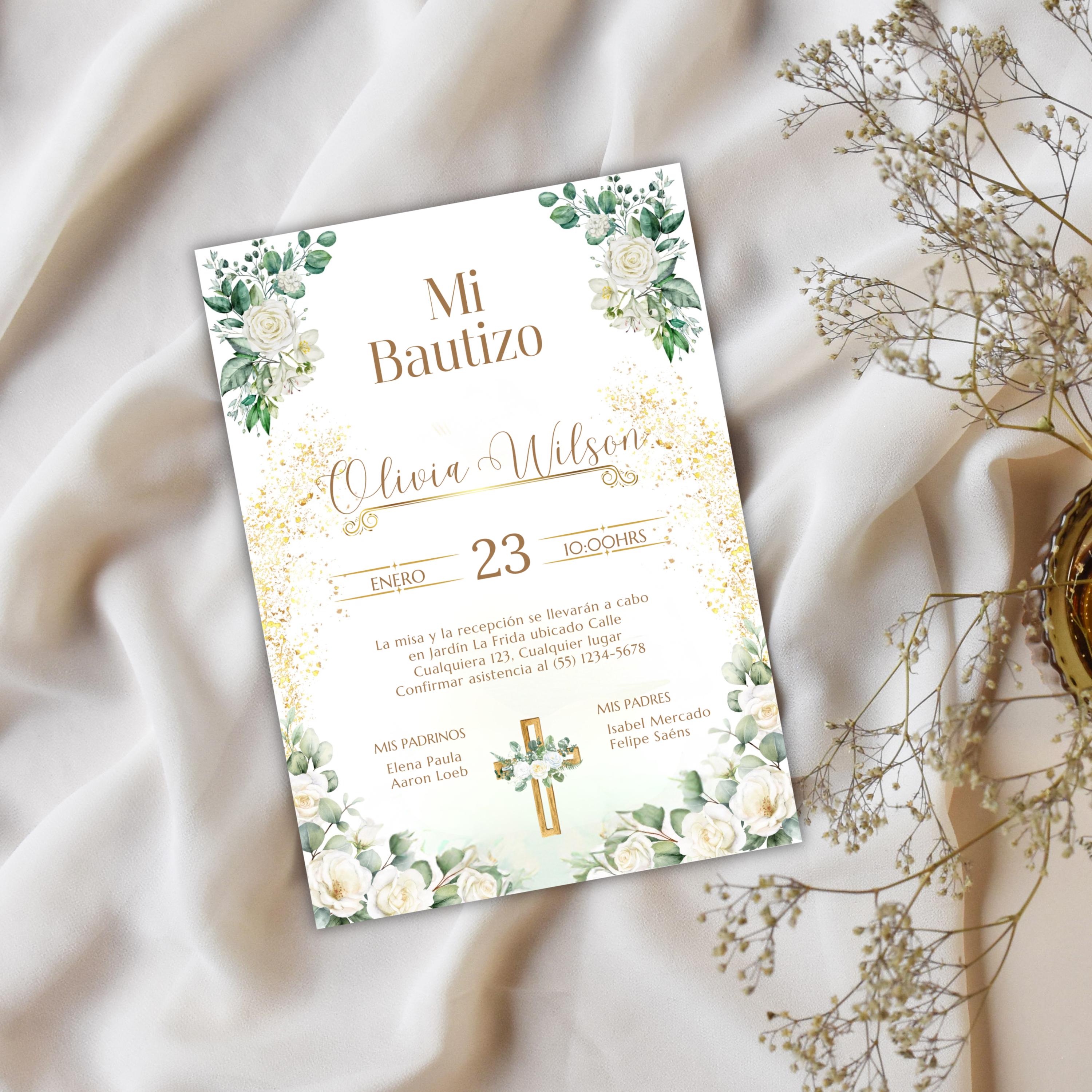 Baptism Invitation, Invitacion de Bautizo, Floral Boho Elegant Invitation for Religious Event