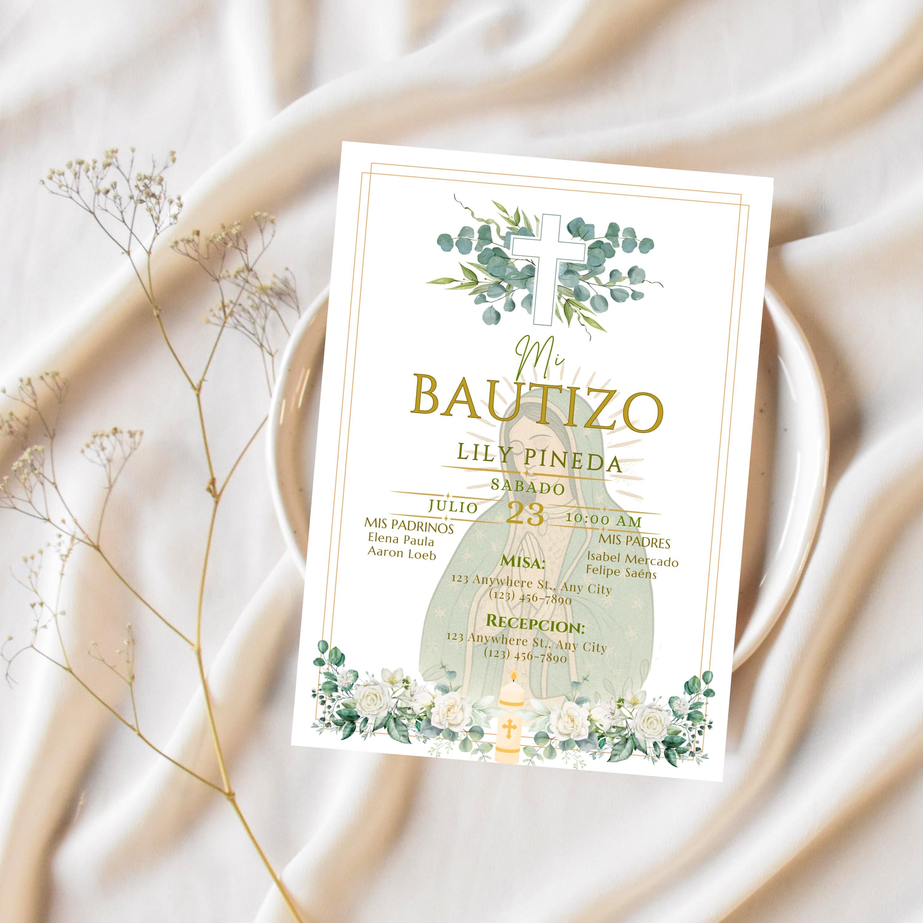 Virgin of Guadalupe Baptism Invitation, Floral Spanish Bautismo (PDF File)