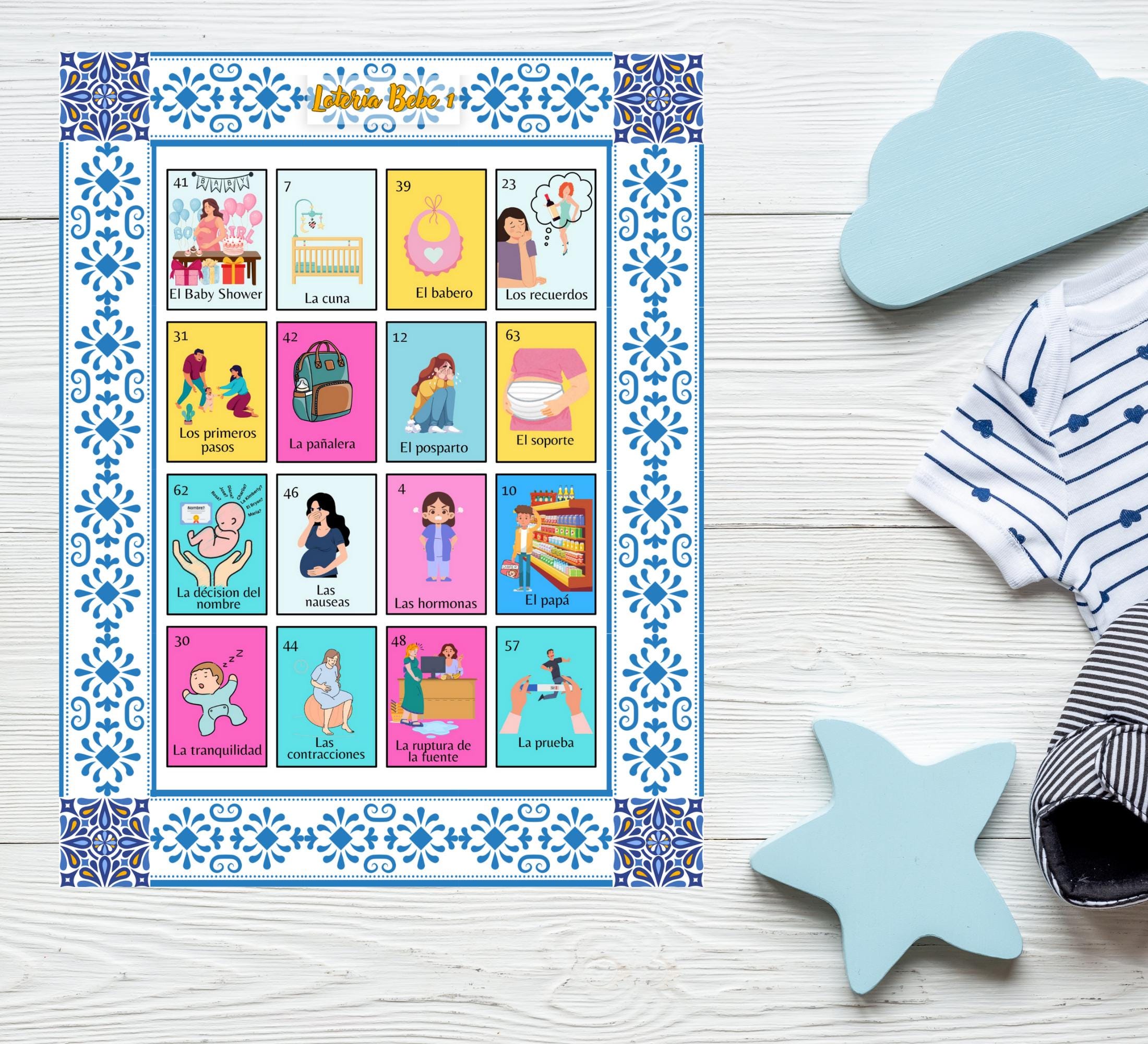 Talavera Baby Shower Loteria Game: Mexican Theme, Blue Design (PDF Downloadable Cards and Boards)