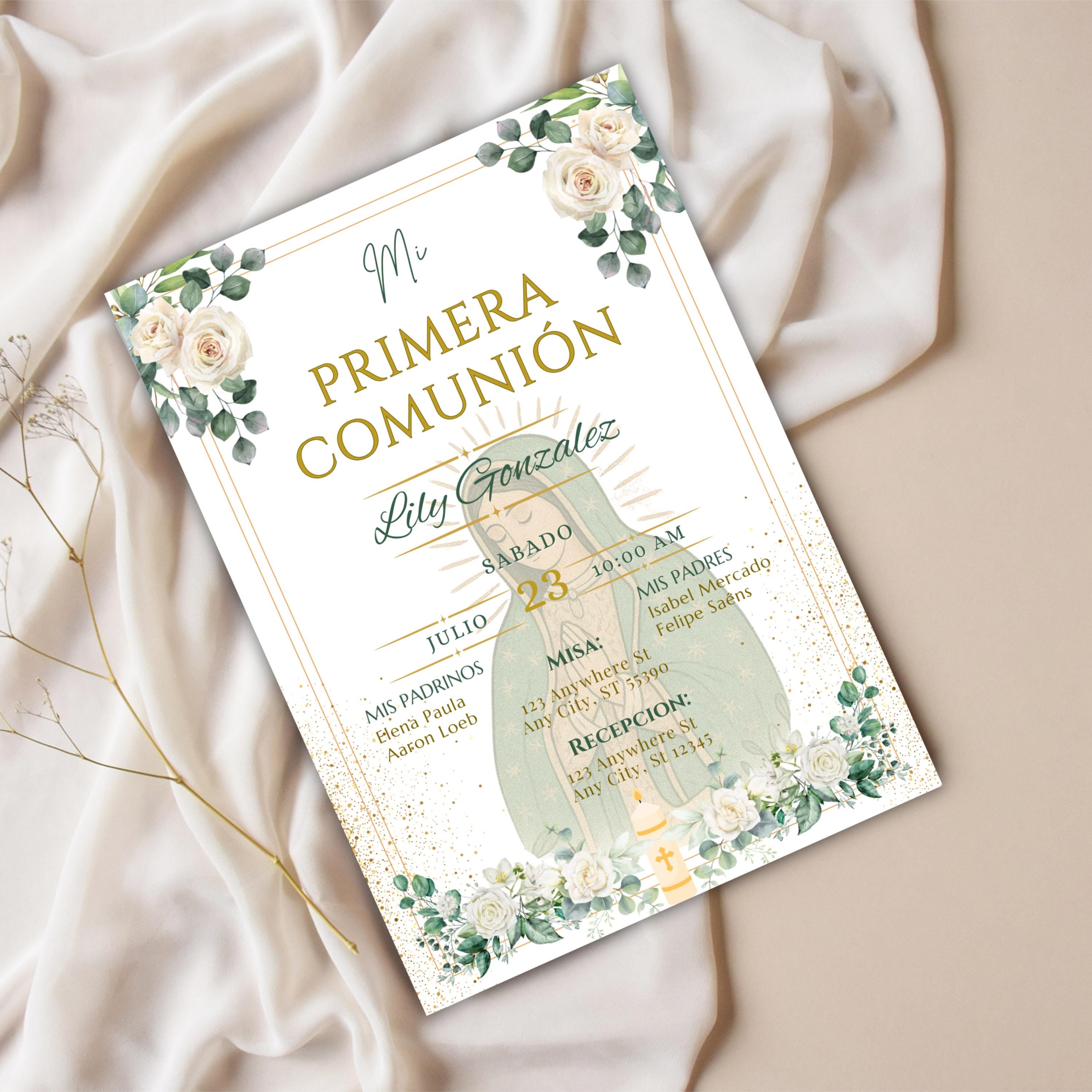 La Virgen De Guadalupe First Communion Invitation: Green & Gold Floral design Invite