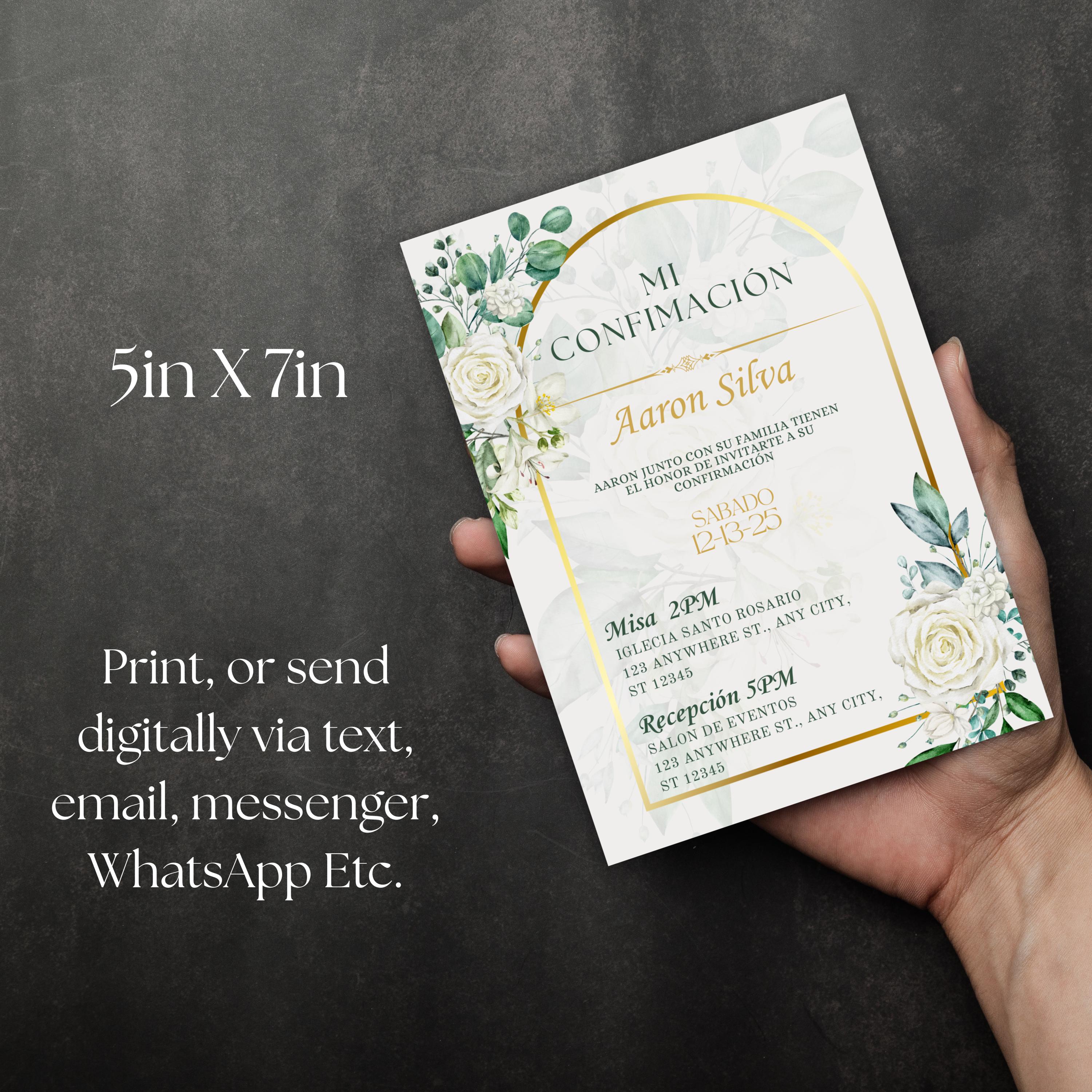 Boho Floral Confirmation Invitation Template, Spanish Editable Digital (5x7)