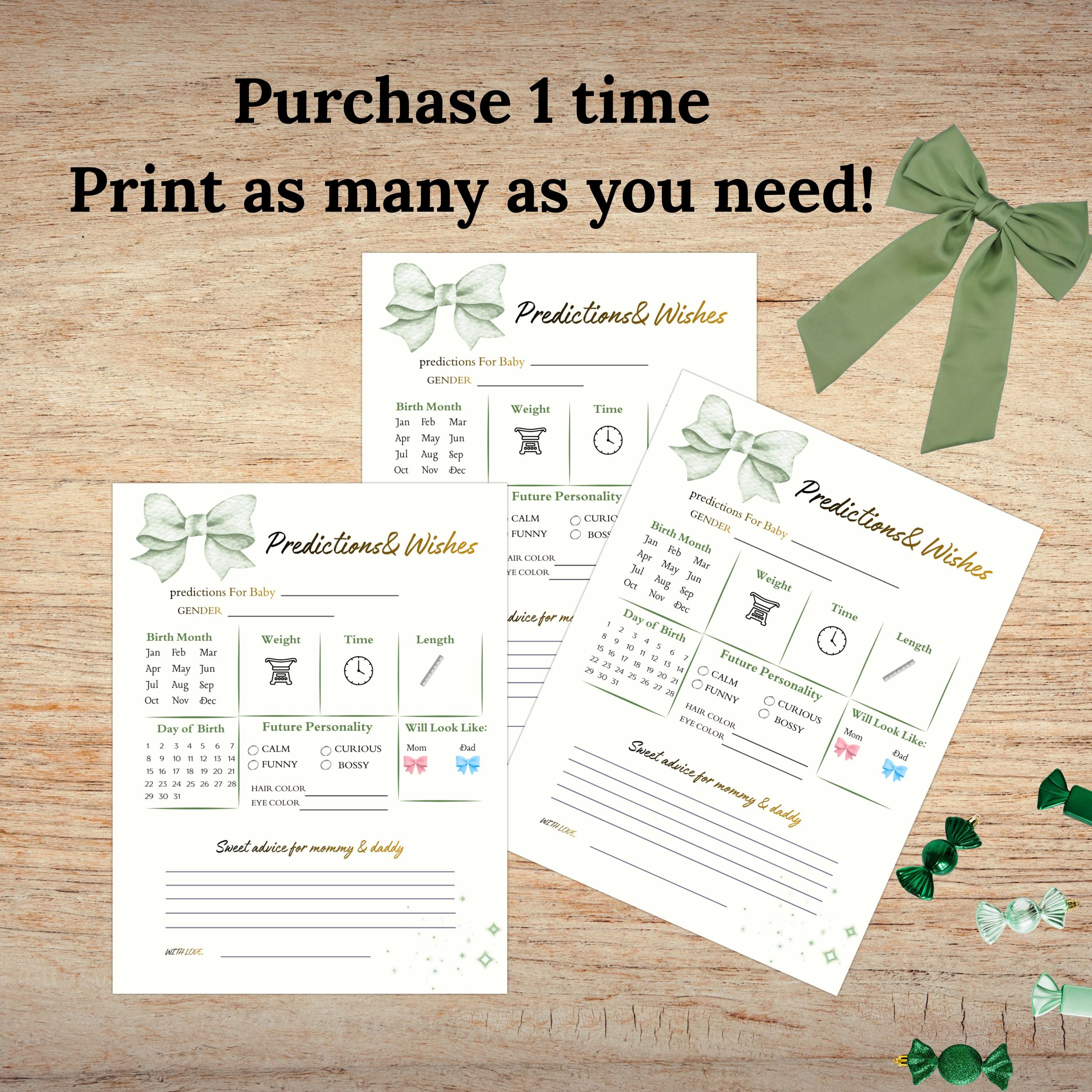 Baby Shower Prediction And Wishes Card, Boho Gender Neutral, Green Printable Cards, Digital Download