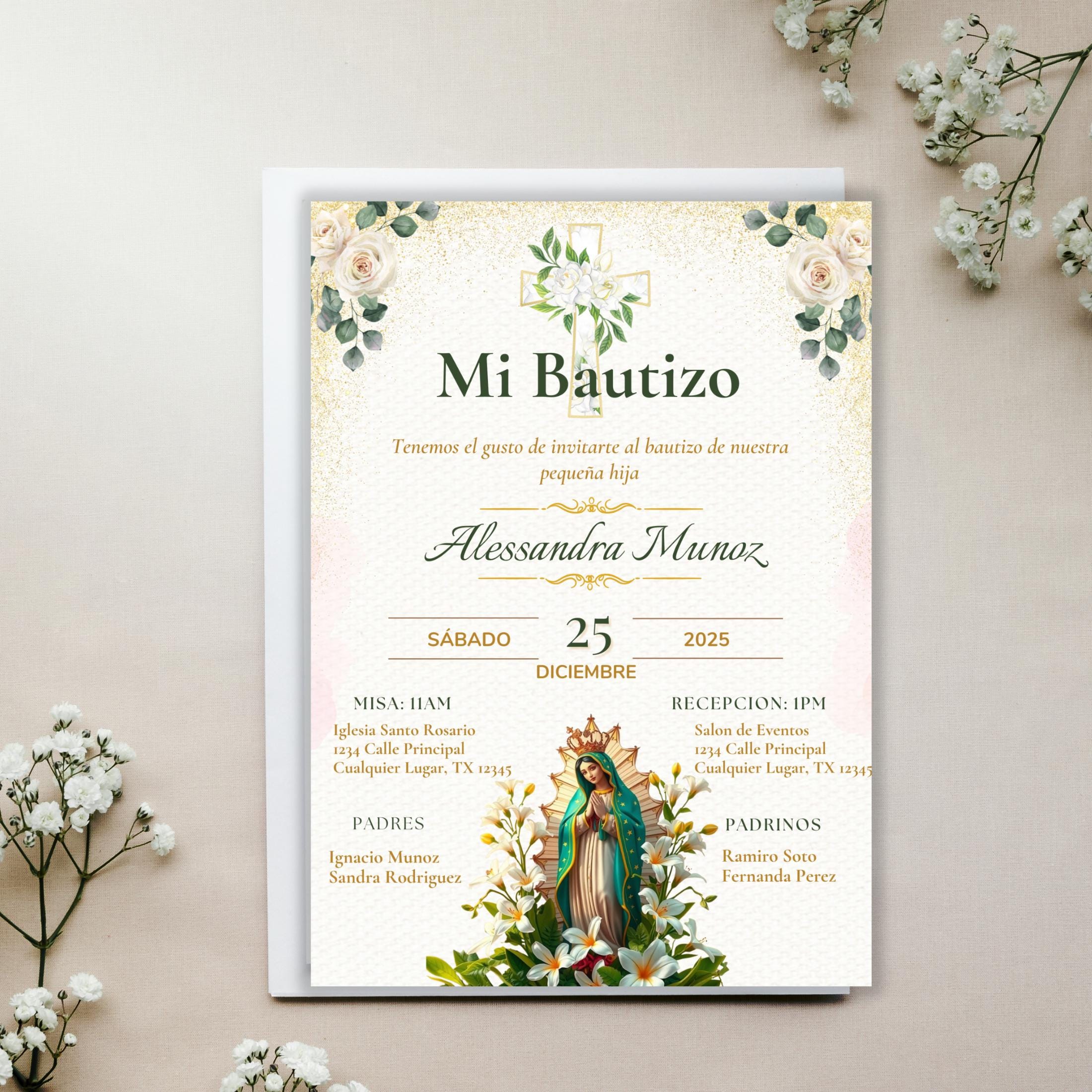 Virgen de Guadalupe Baptism Invitation: Spanish/English Boho Floral Religious Invite (Digital Download)
