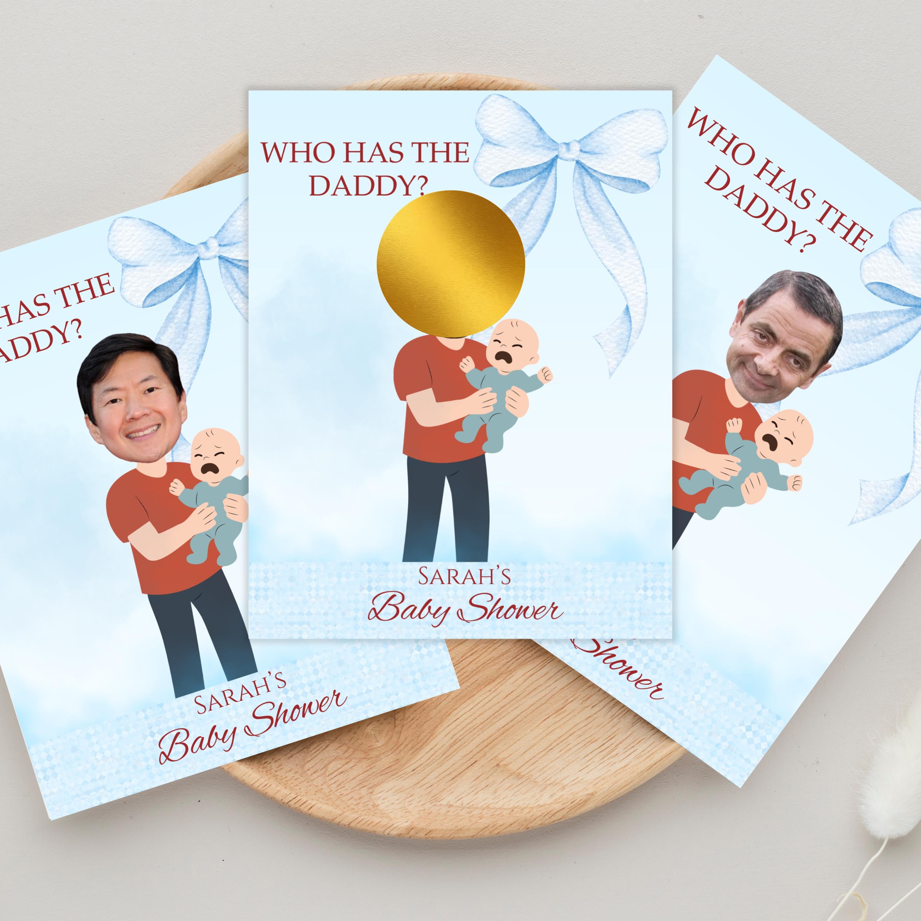Baby Shower Game, Who Has the Dad Scratch-off Blue Cards, Editable Find Daddy Game