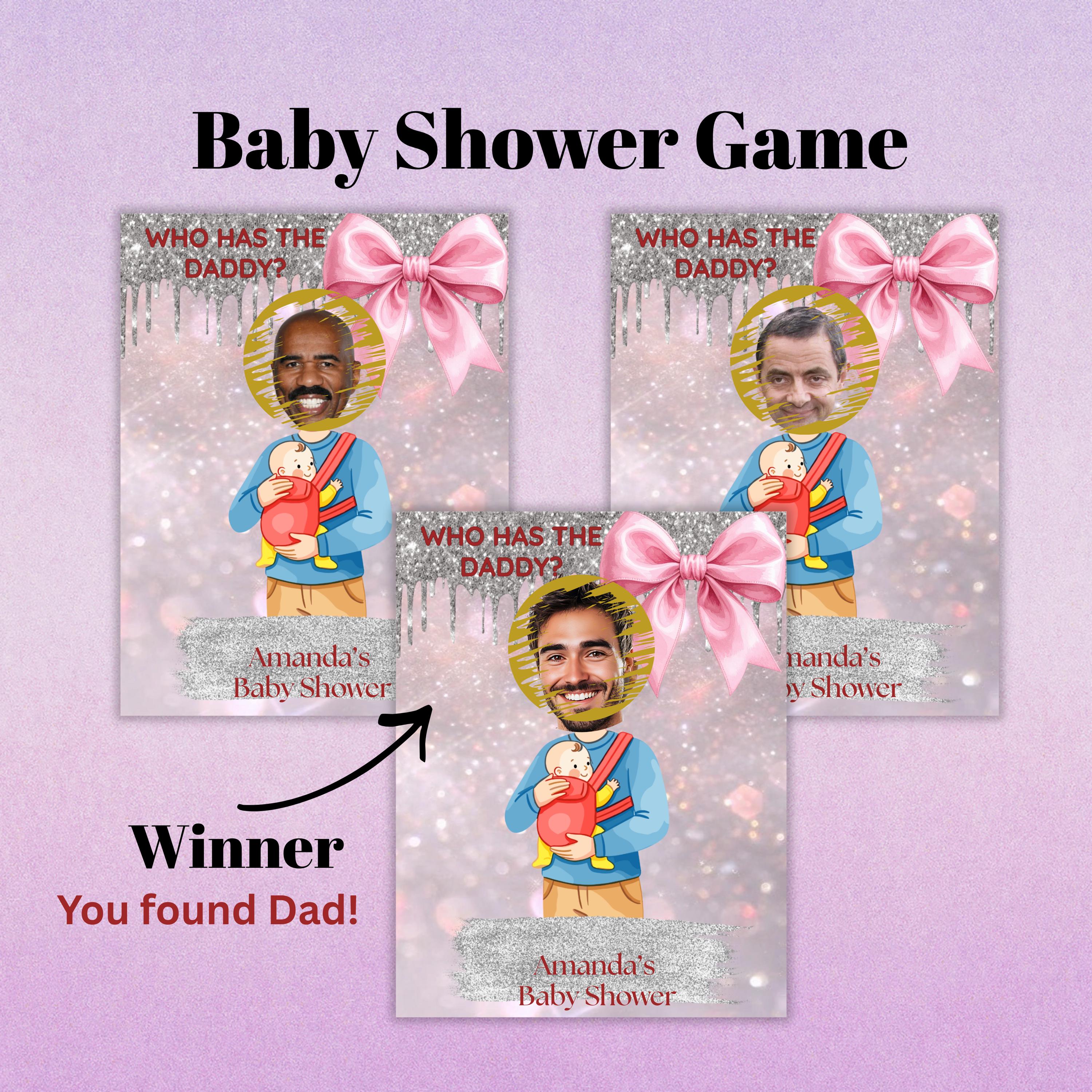 Digital Baby Shower Game, Who Has The Daddy, Coquette Pink and Silver Theme Scratch-Off Cards