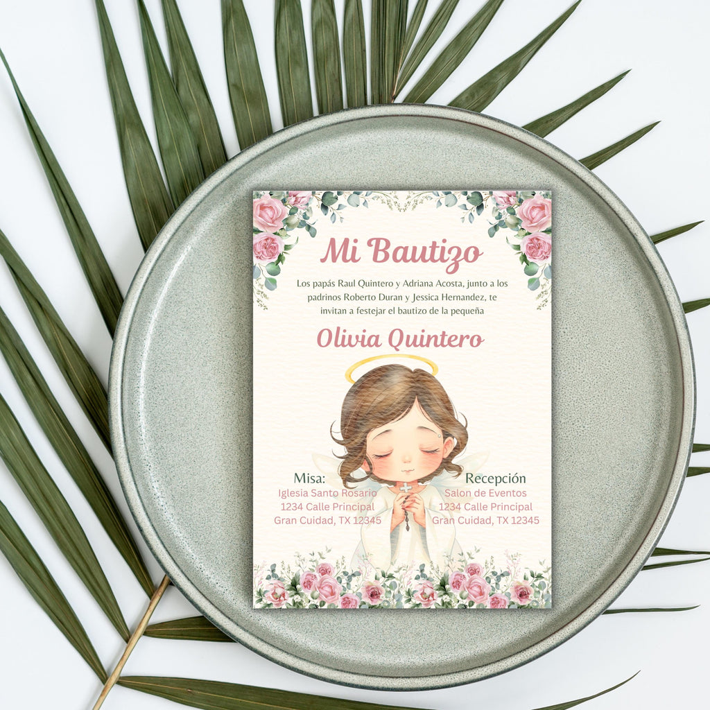 Editable Baptism Invitation, Pink & Green Floral Printable Christening Invite, Instant Download Template