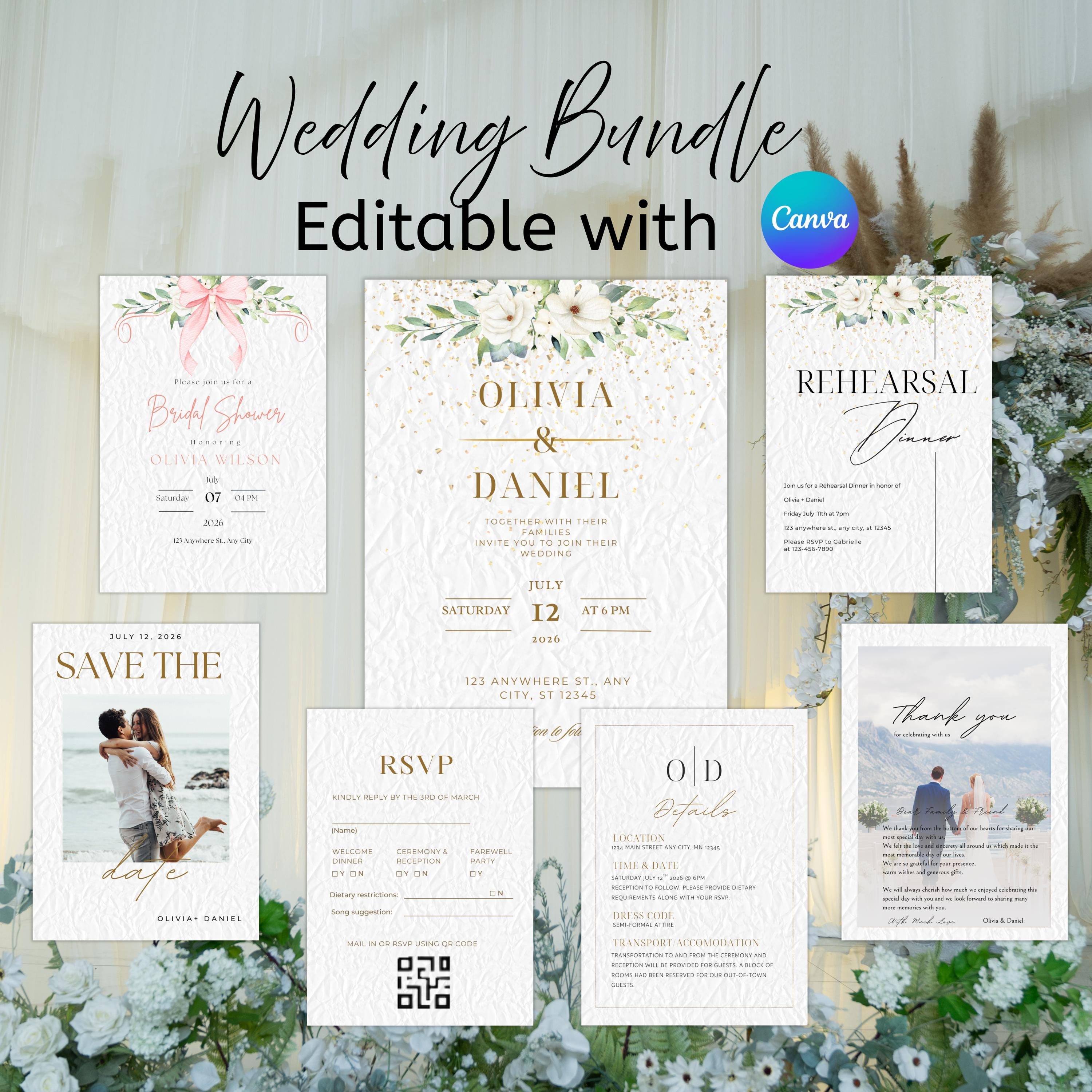 Boho Wedding Invitation Bundle Template, Gold and White Elegant  Minimalistic Invite, RSVP, Save The Date