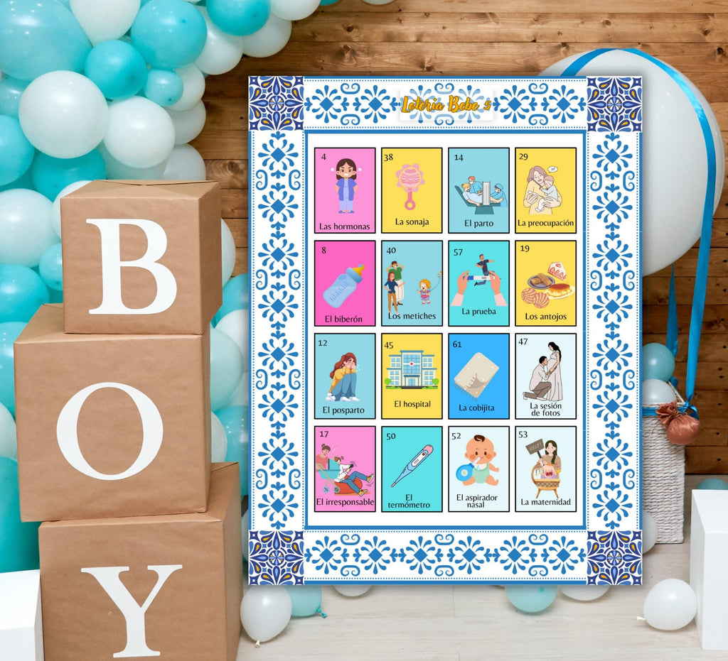 Talavera Baby Shower Loteria Game: Mexican Theme, Blue Design (PDF Downloadable Cards and Boards)