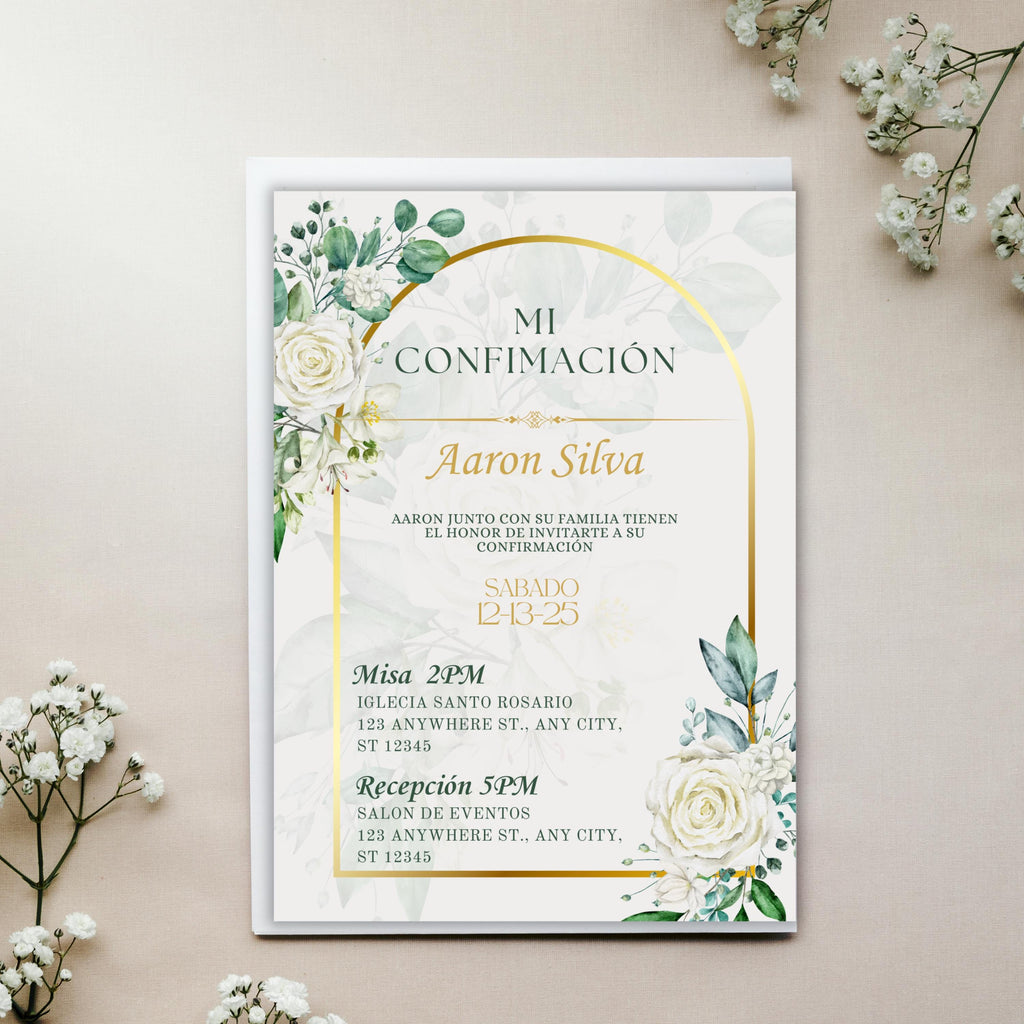 Boho Floral Confirmation Invitation, Editable Spanish Catholic Digital Invite For Baptism, Wedding, Communion
