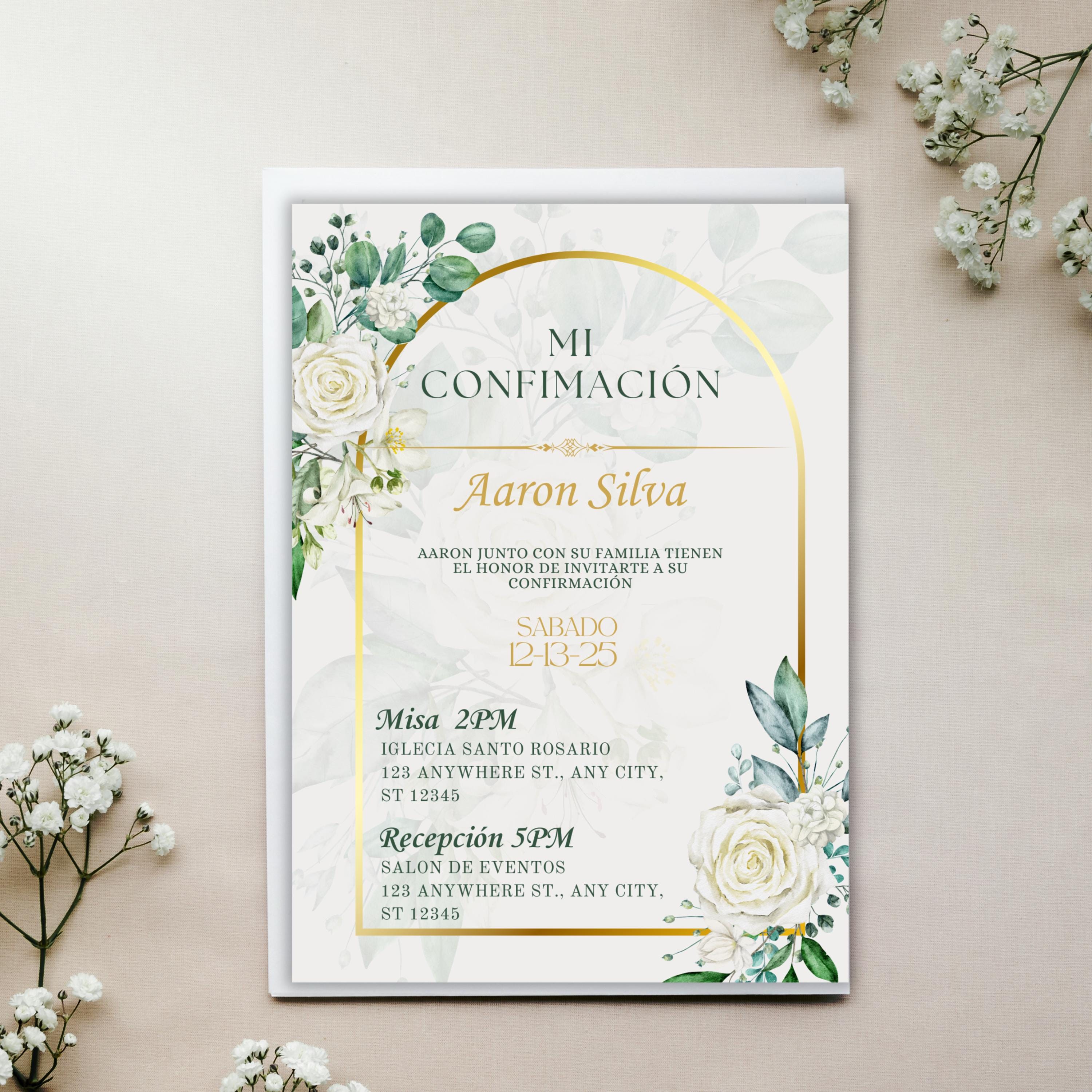 Boho Floral Confirmation Invitation, Editable Spanish Catholic Digital Invite For Baptism, Wedding, Communion