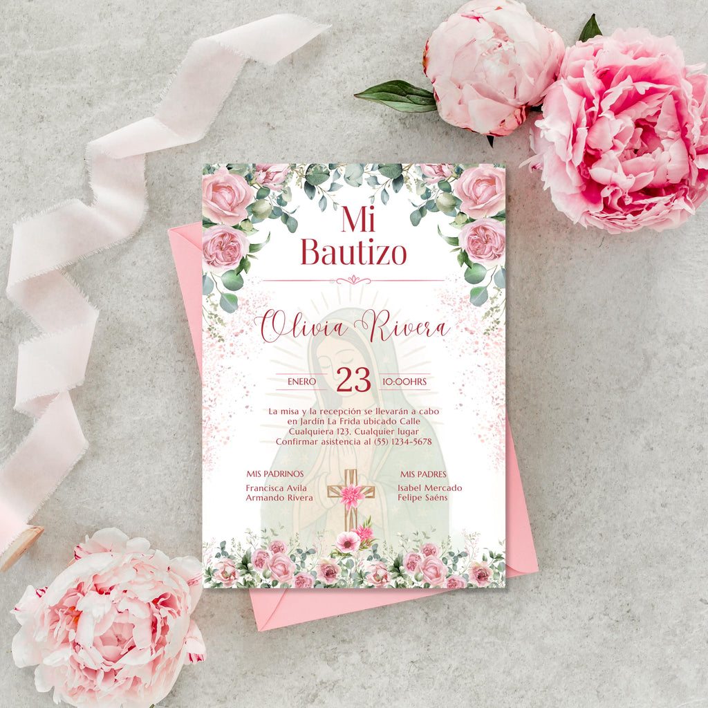 Pink Floral Spanish Baptism Invitation, Editable Elegant Christening Template, Pink Roses Invite For Girl