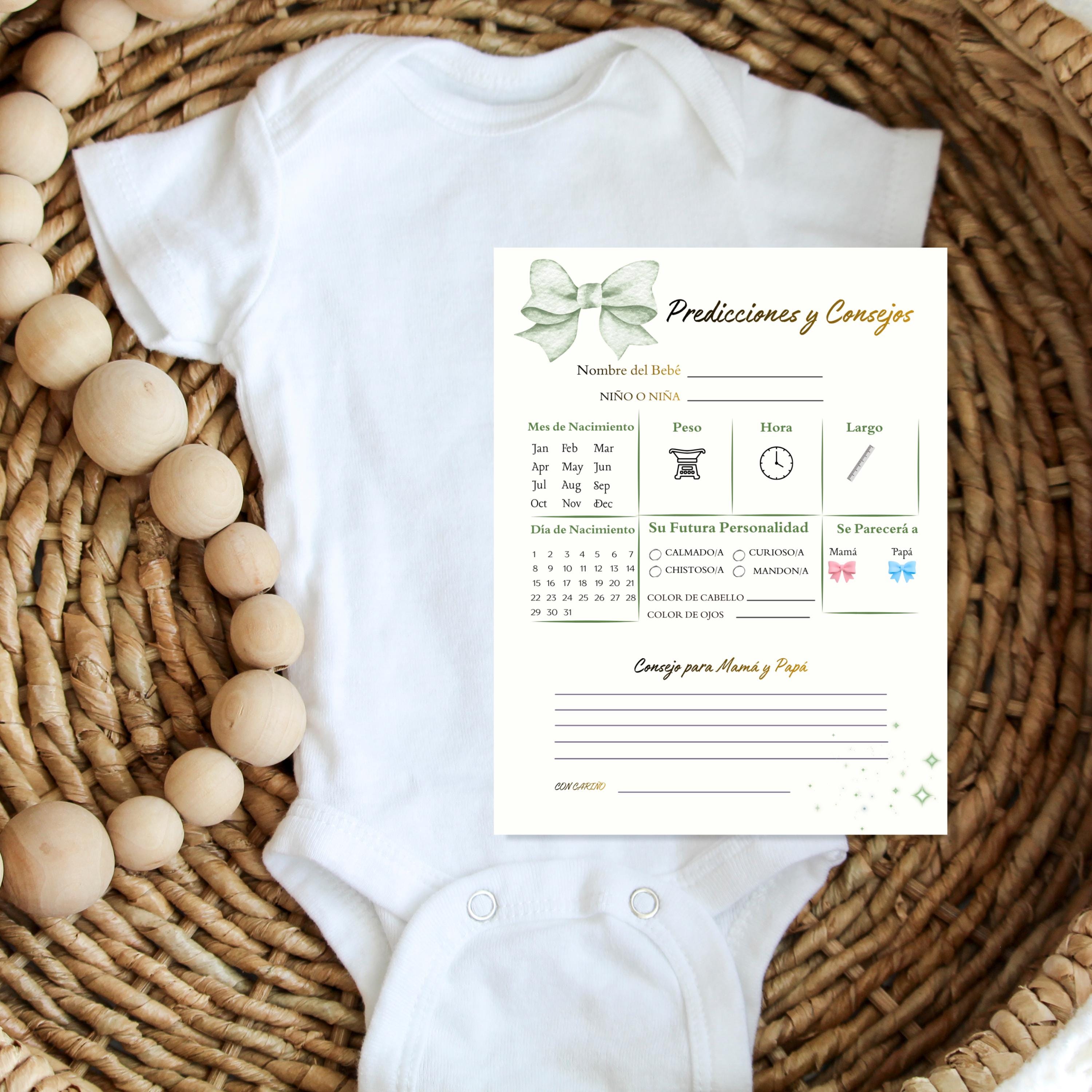 Spanish Baby Shower Prediction and Advice Card Printable, Gender Neutral Green Baby Activity Game