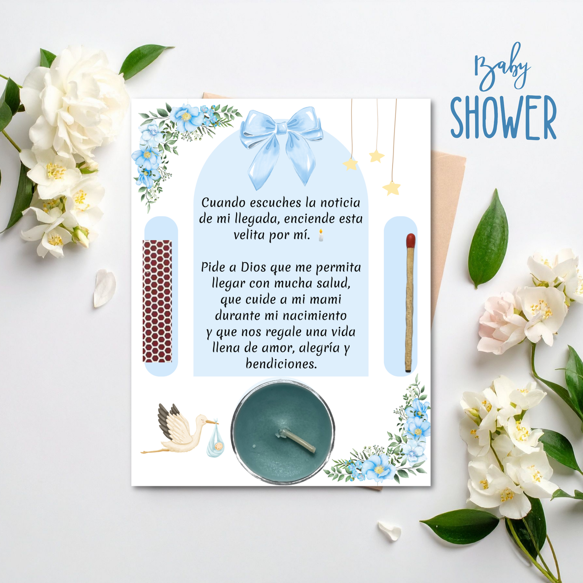 Blue Baby Shower Prayer Candle Favor | Spanish Baby Boy Party Favor