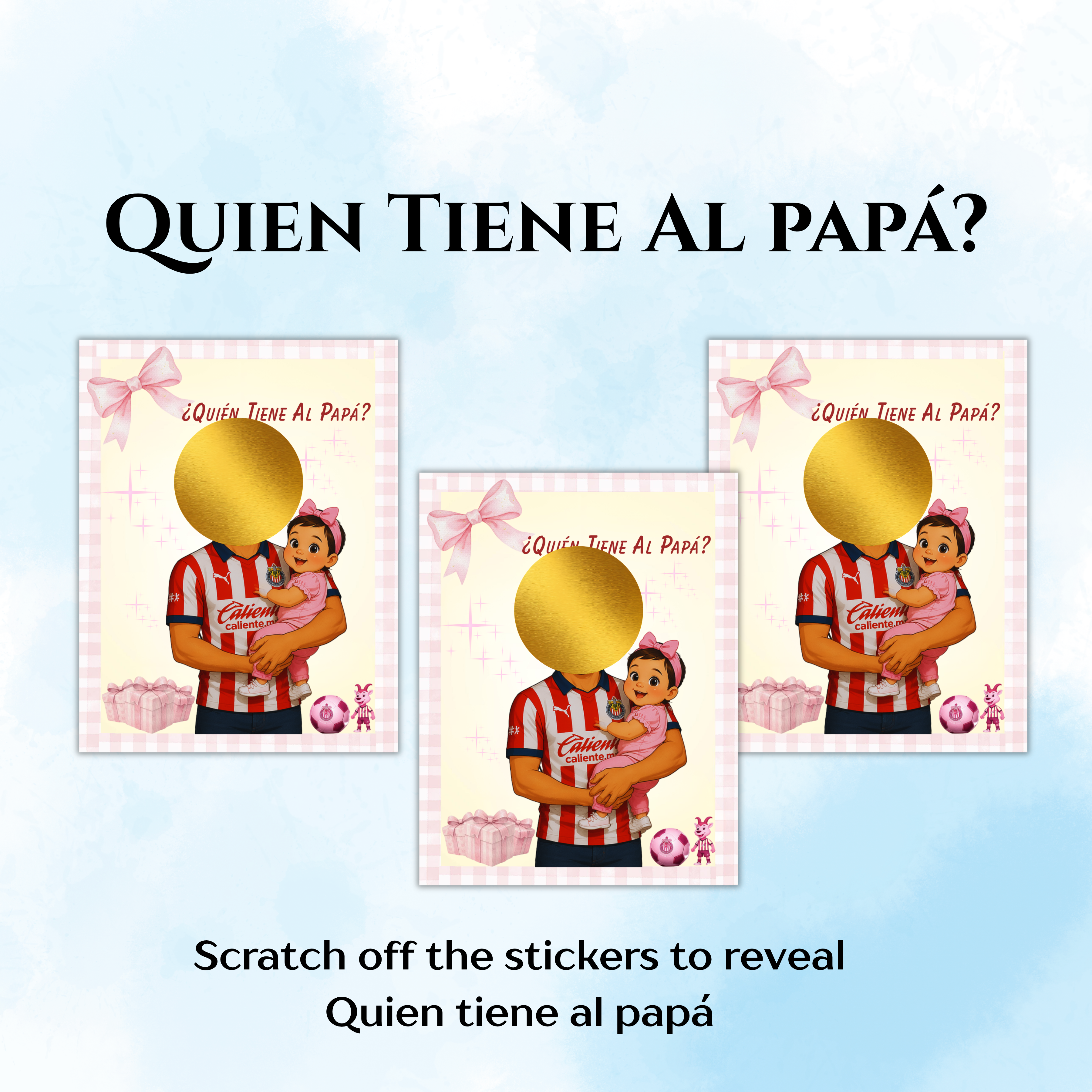 Quien Tiene al Papá Las Chivas Theme Baby Shower Game, Pink and Yellow Who Has The Dad Spanish Scratch Off Cards For Baby Girl Shower