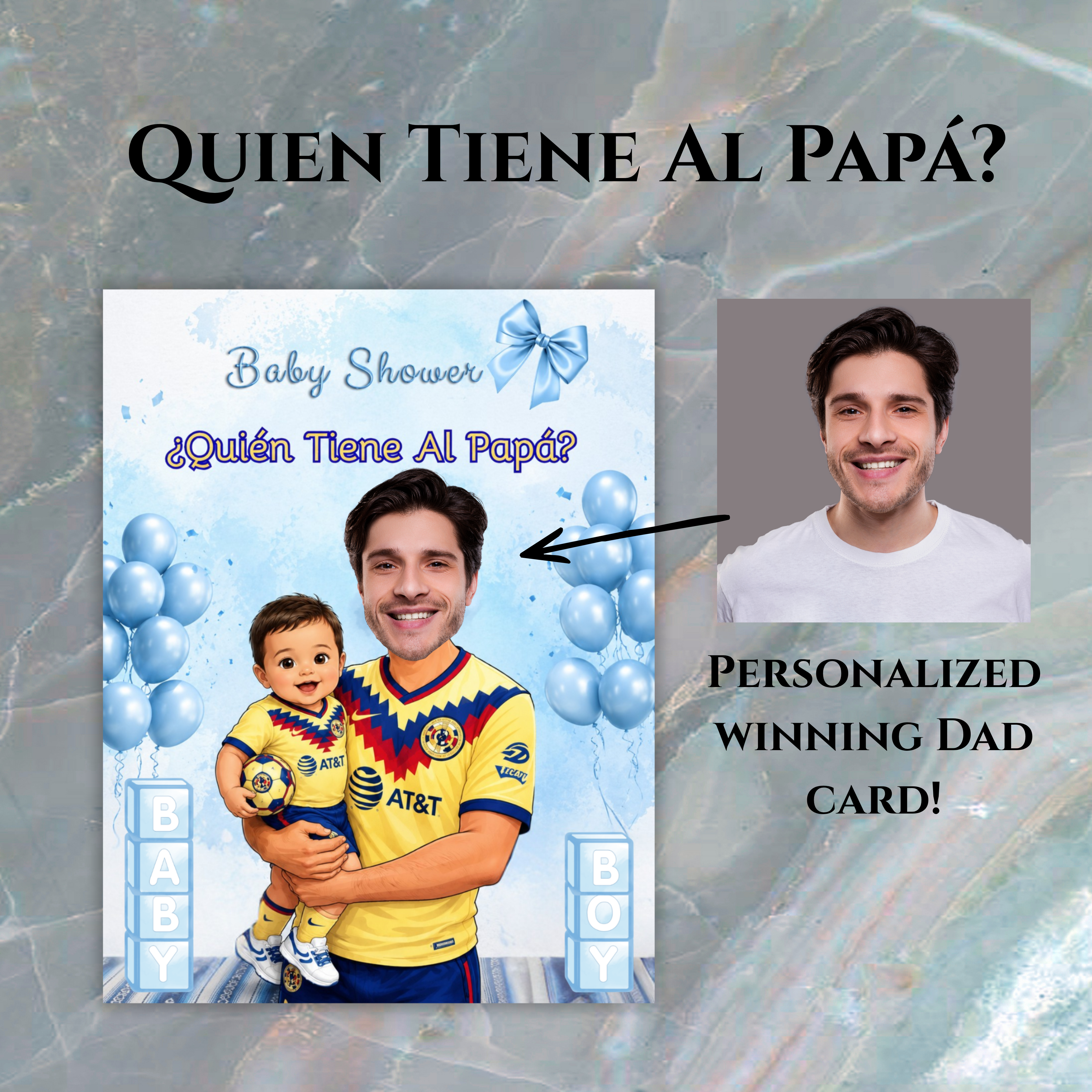 Baby Shower Game Quien Tiene Al Papa Featuring El America Soccer Jersey, Blue Cards For Boy Baby Shower, Who Has The Dad Spanish Scratch off Game