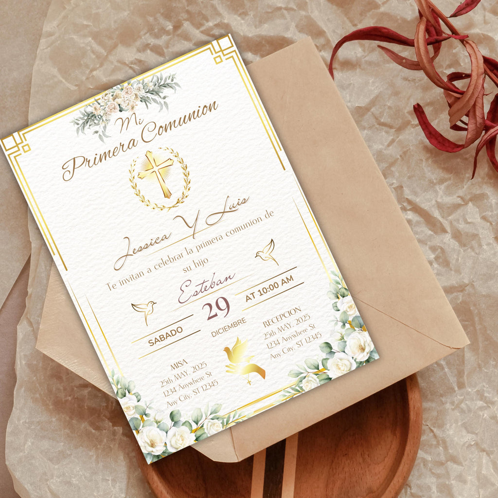 Invitación de Primera Comunión, Elegant First Communion Invitation, Invitacion Elegante Religiosa, Digital Download