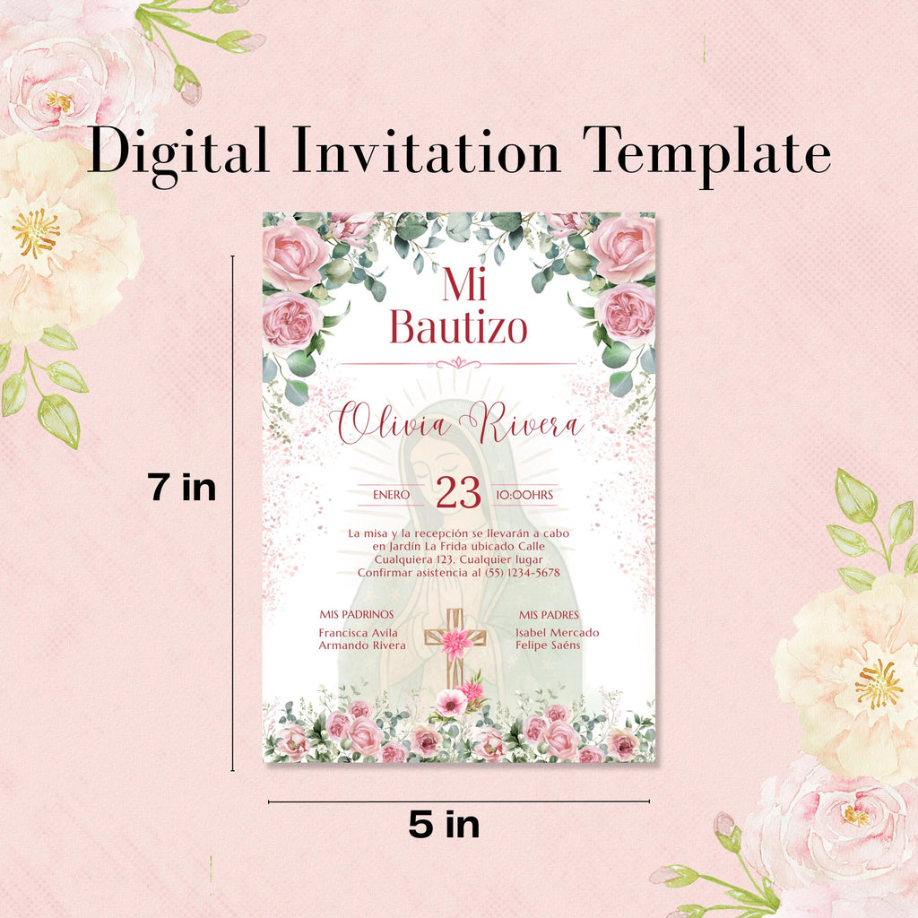 Pink Floral Spanish Baptism Invitation, Editable Elegant Christening Template, Pink Roses Invite For Girl