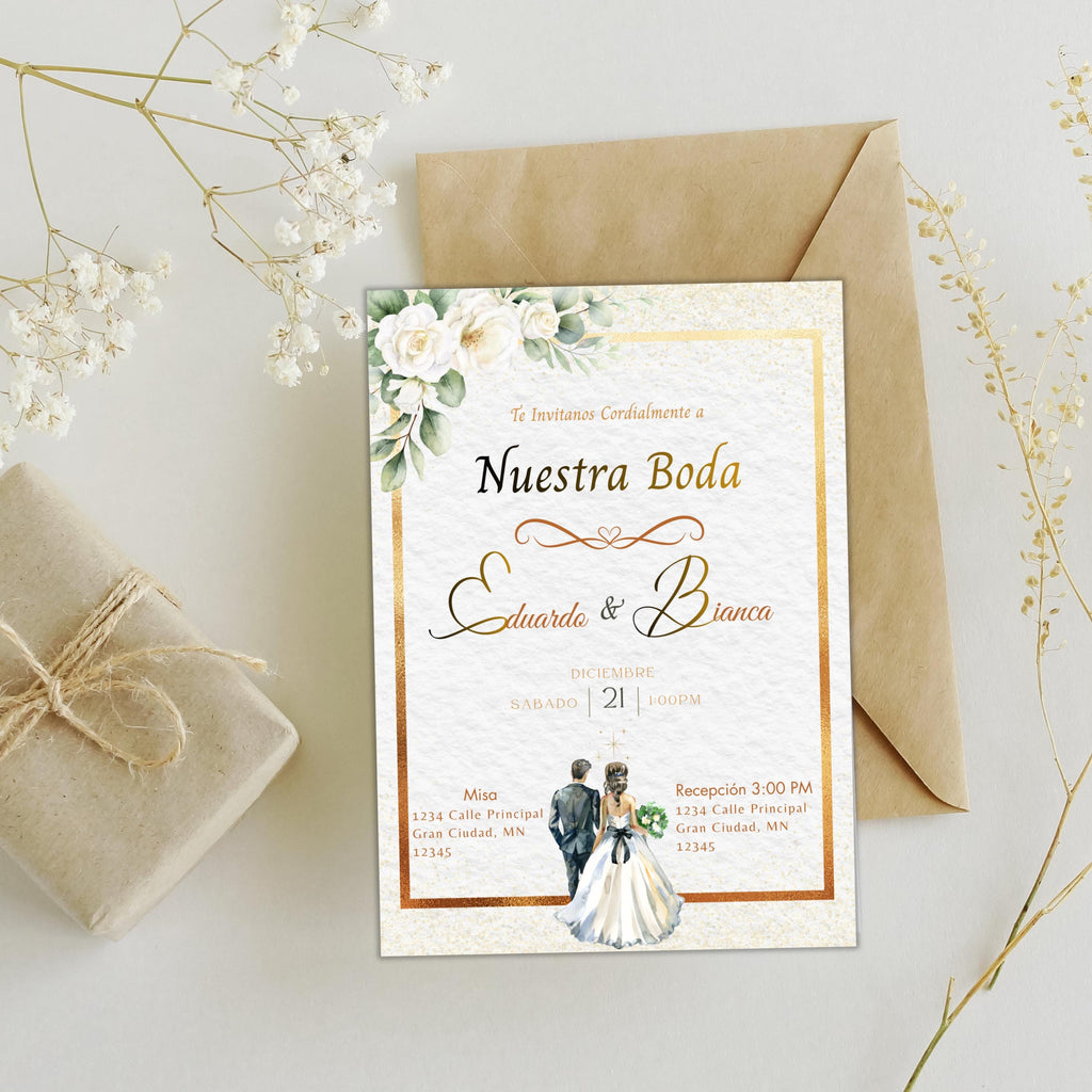 Elegant Spanish Wedding Invitation, Gold Floral design Template, Bilingual Editable Digital Invite