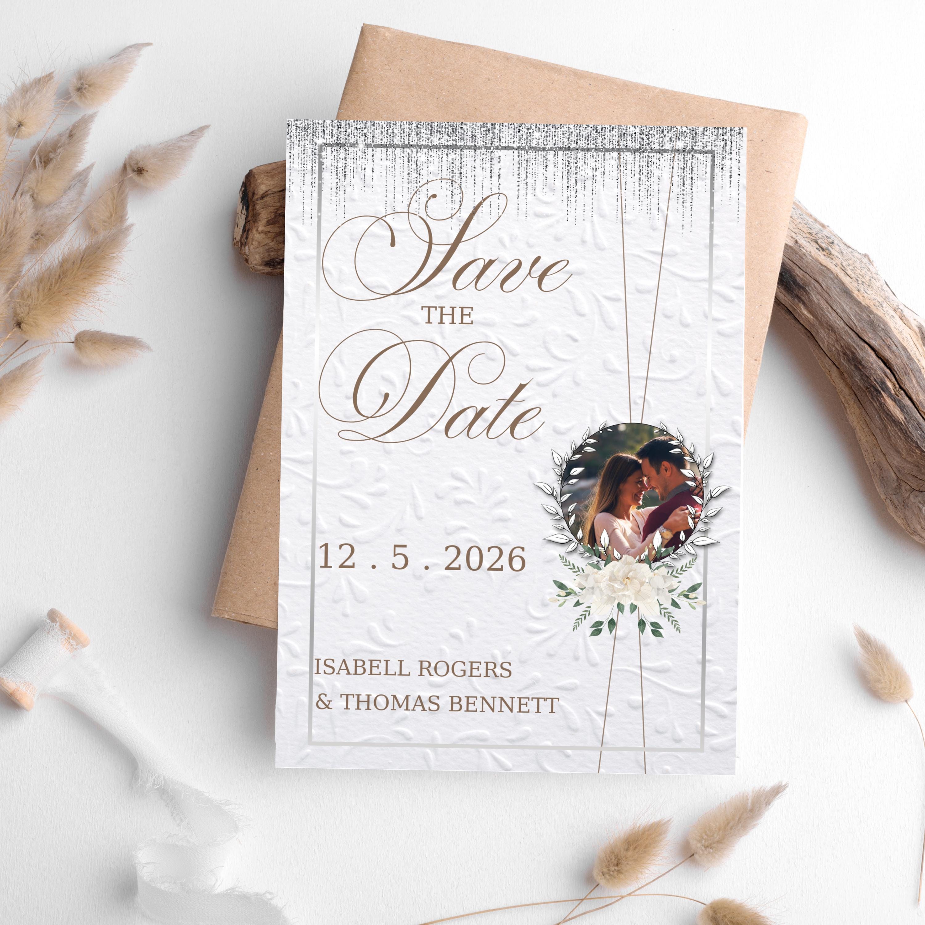 White and Silver Elegant Wedding Invitation, Digital Canva Template For Minimalistic Wedding Invite