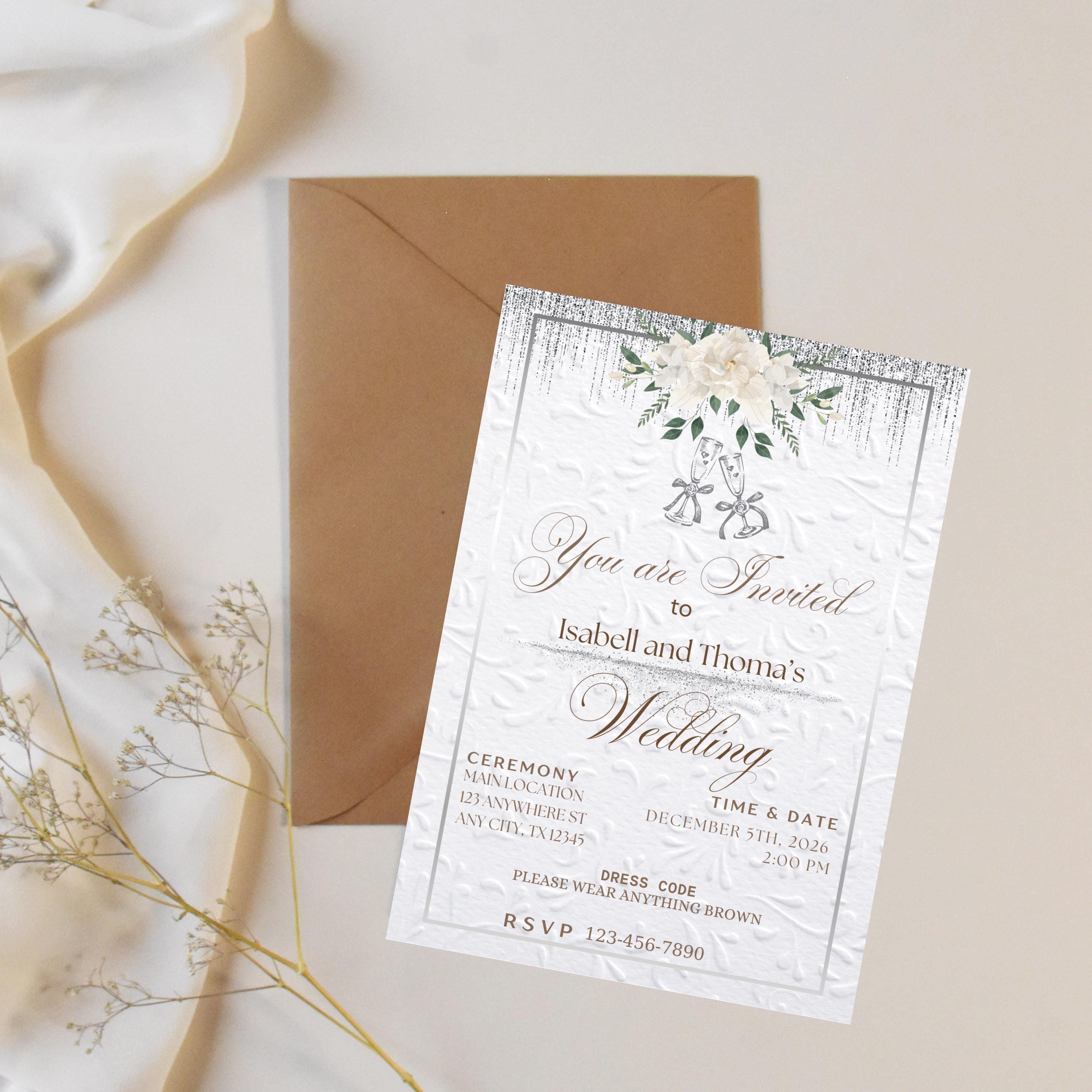 White and Silver Elegant Wedding Invitation, Digital Canva Template For Minimalistic Wedding Invite