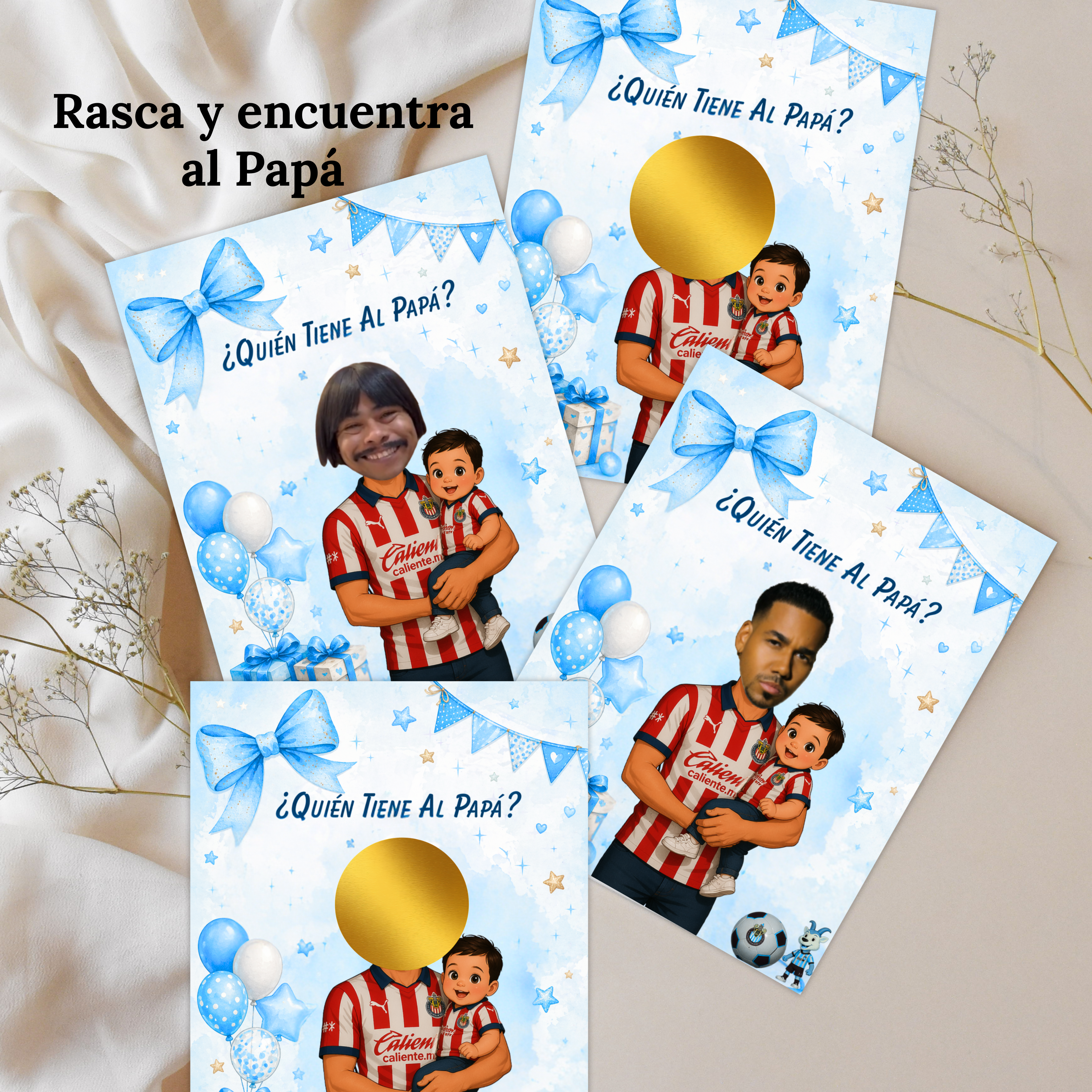 Quien Tiene Al Papa, Baby Shower Game For Boy Featuring Las Chivas Soccer Jersey, Who Has The Dad Blue Scratch Off Cards For Soccer Fanatics