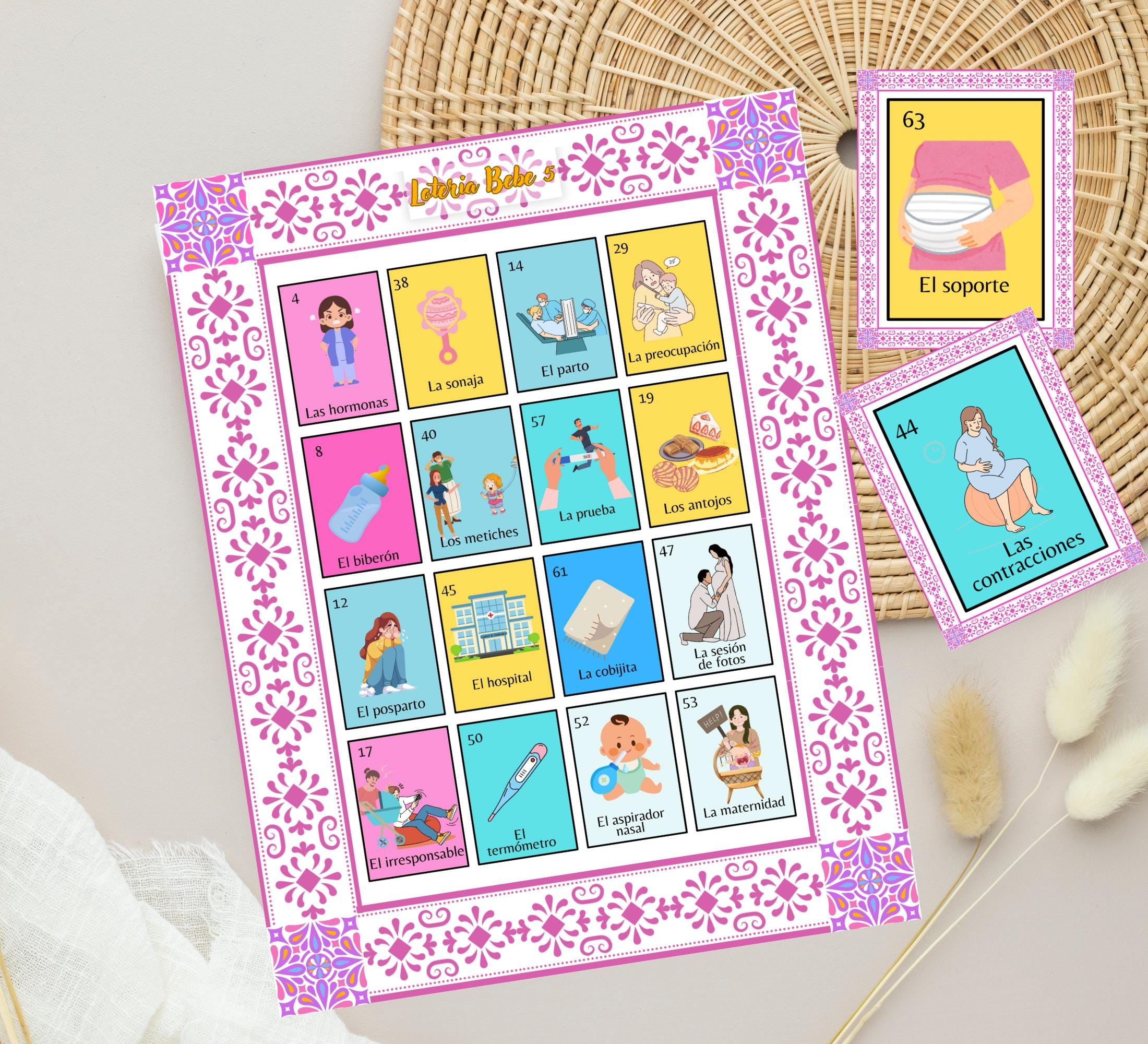 Loteria Baby Shower Game: Mexican Talavera Theme, Pink Cielito Lindo (PDF Downloadable Files)