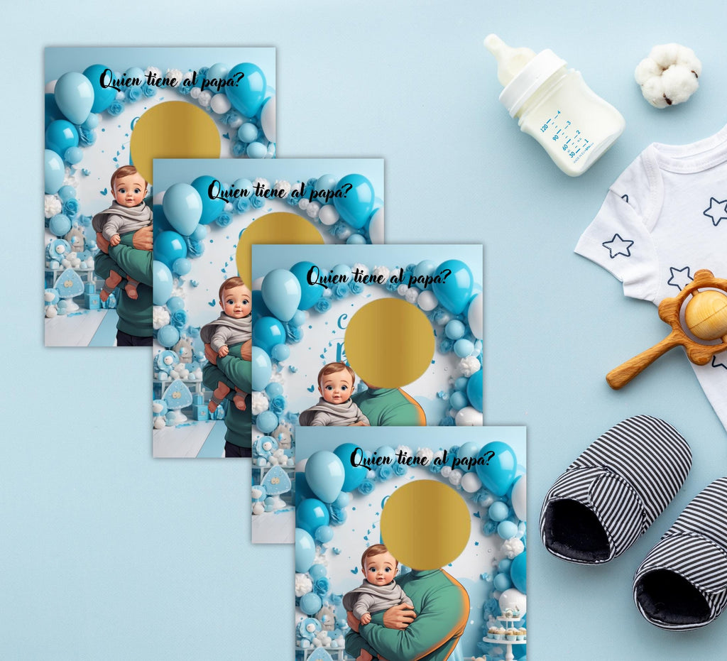 Quien Tiene Al Papa Baby Shower Game, Spanish Scratch-off Blue Cards, Find the Dad