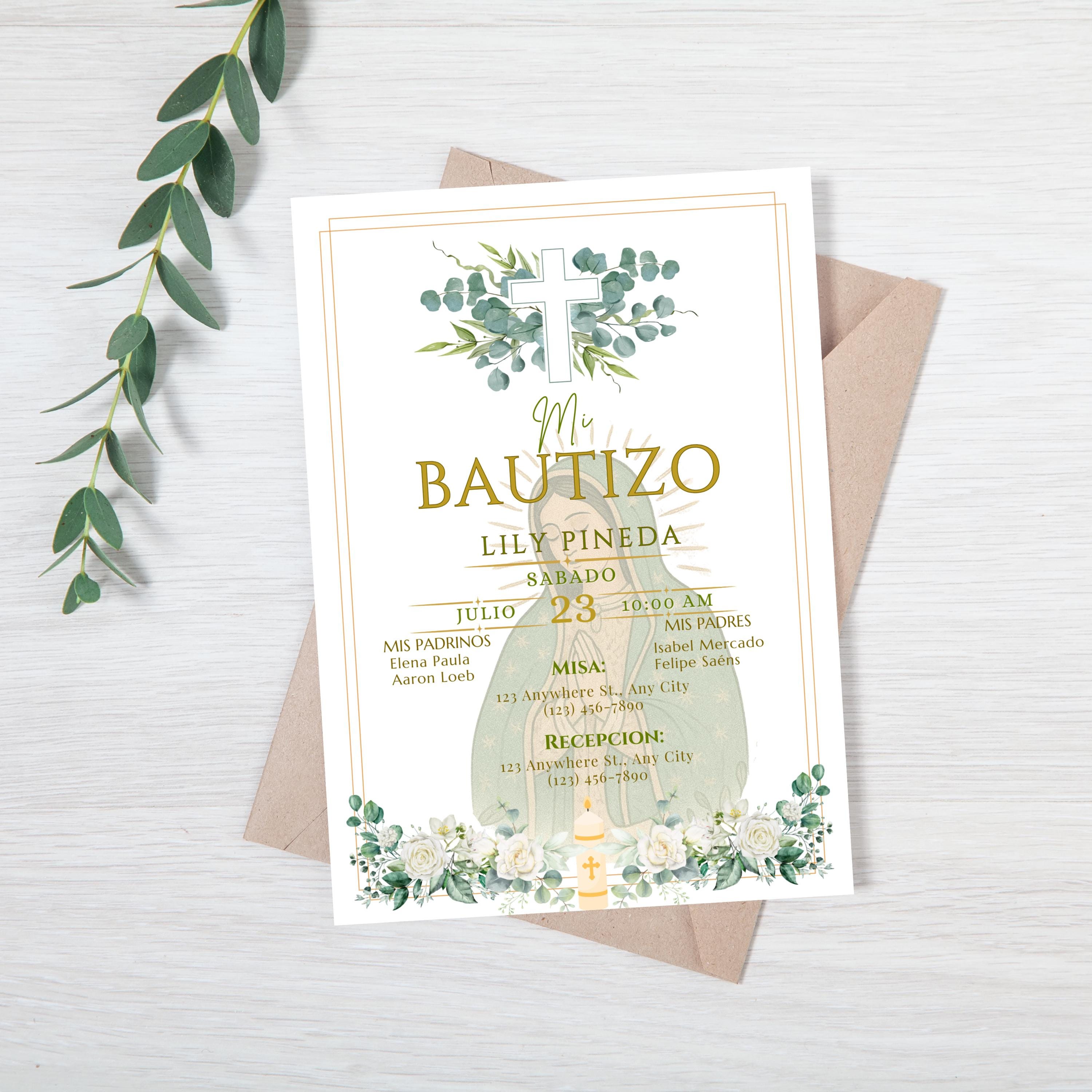 Virgin of Guadalupe Baptism Invitation, Floral Spanish Bautismo (PDF File)