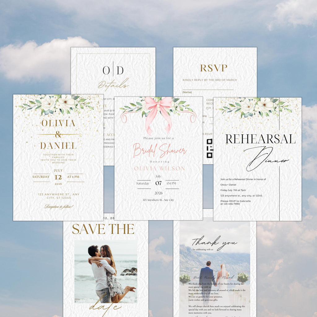 Minimalistic Wedding Invitation Bundle Template, Gold and White Elegant 5x7 Suite RSVP, Save The Date