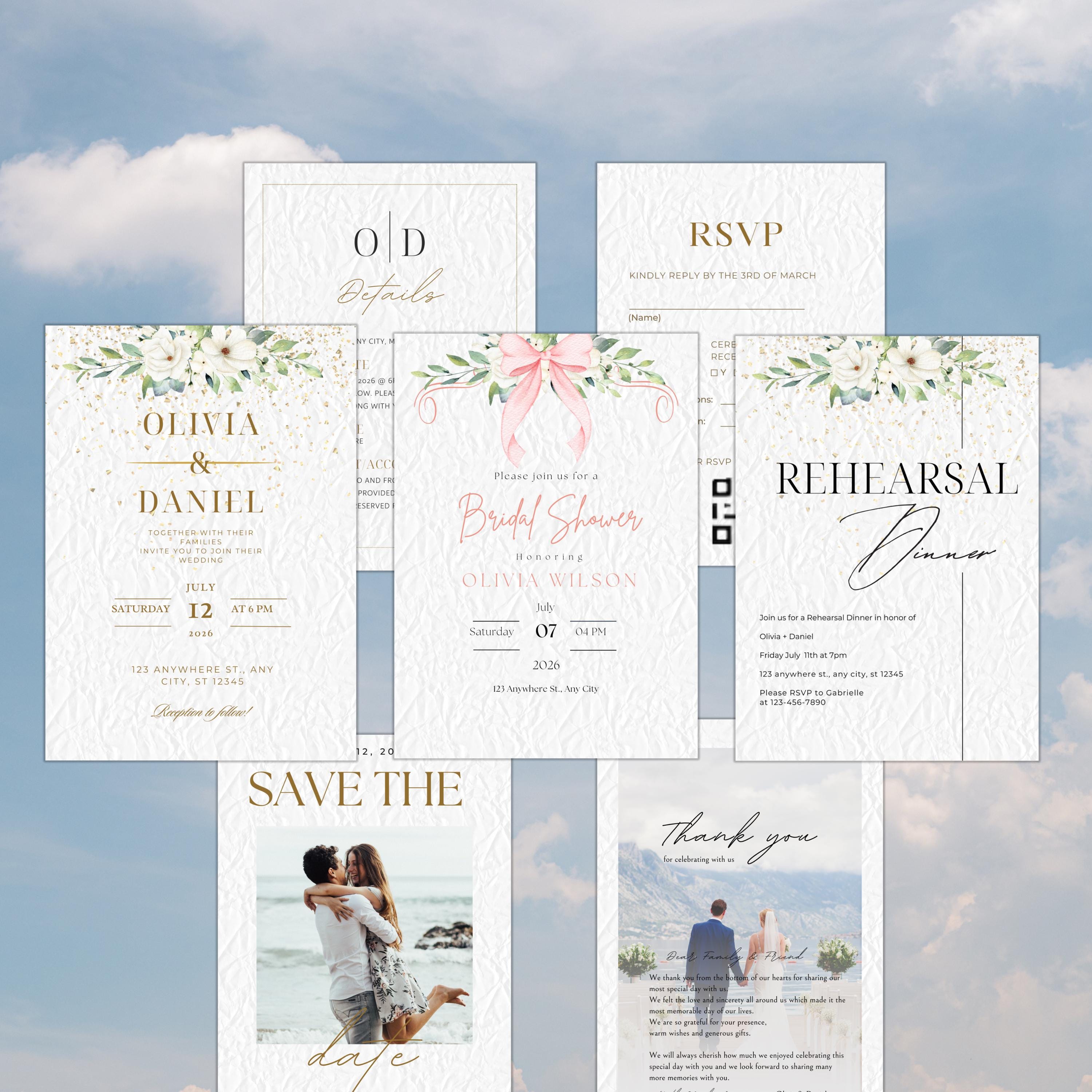 Minimalistic Wedding Invitation Bundle Template, Gold and White Elegant 5x7 Suite RSVP, Save The Date