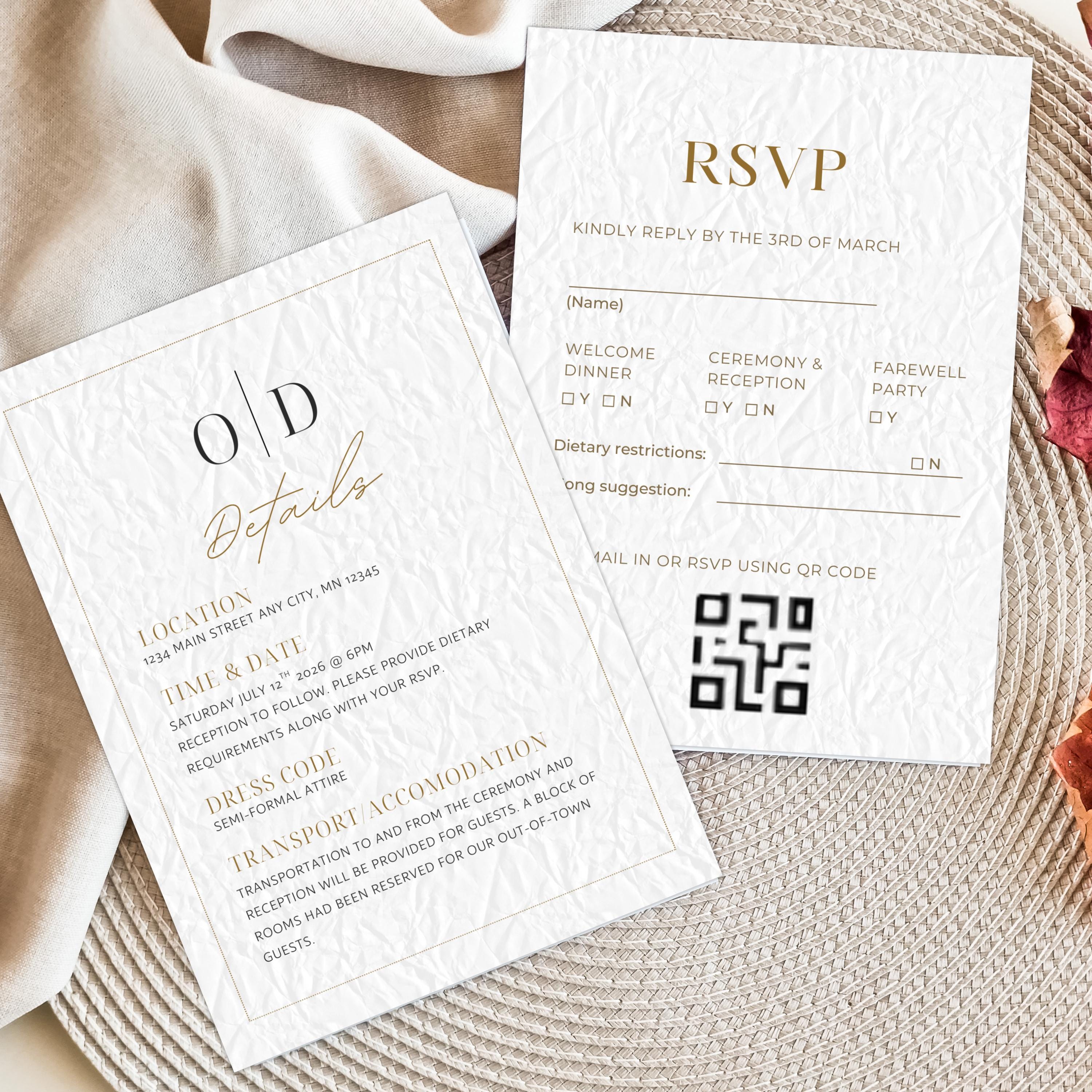 Minimalistic Wedding Invitation Bundle Template, Gold and White Elegant 5x7 Suite RSVP, Save The Date
