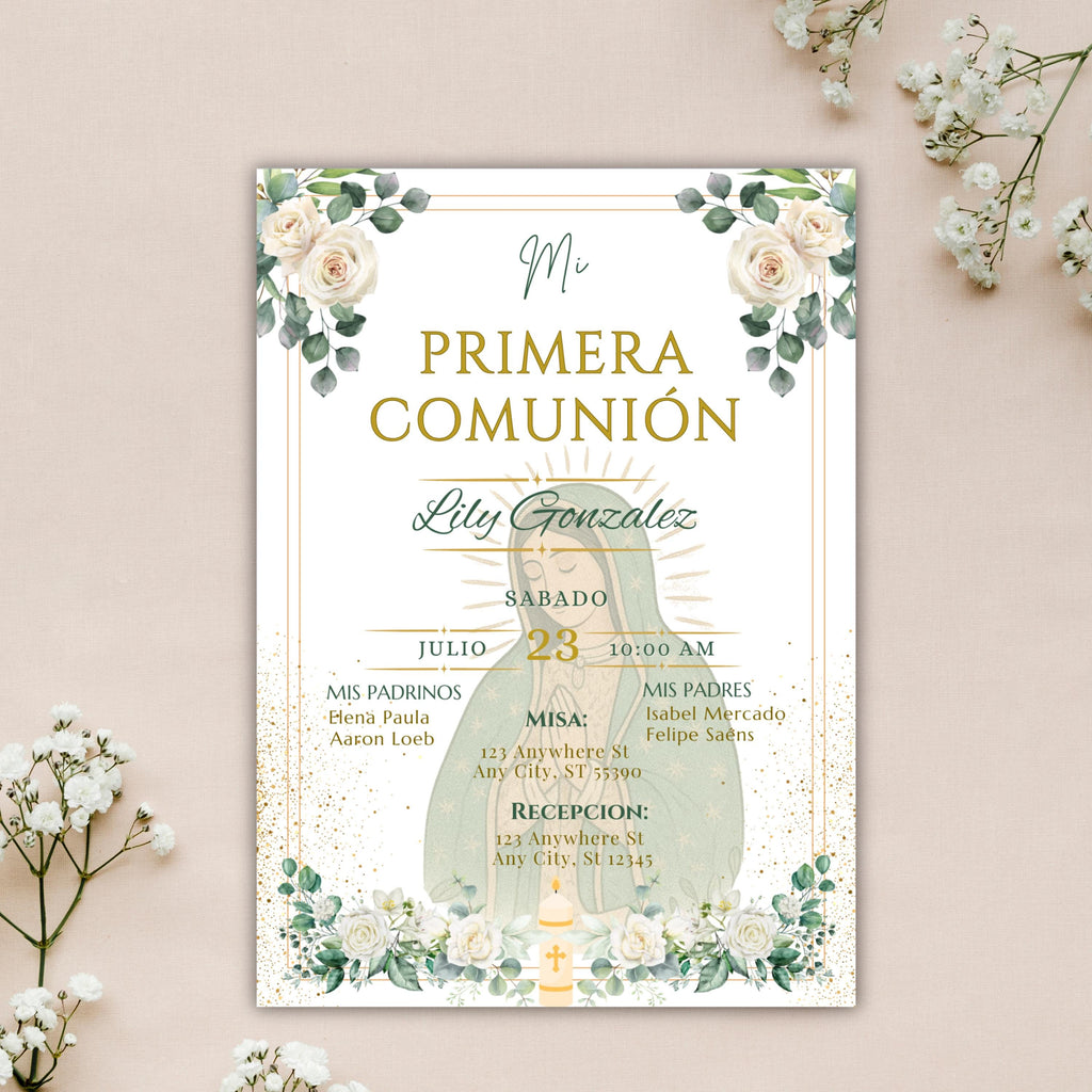 Invitación Mi Primera Comunión Niño o Niña, Invitacion Virgen de Guadalupe Para Evento Religioso
