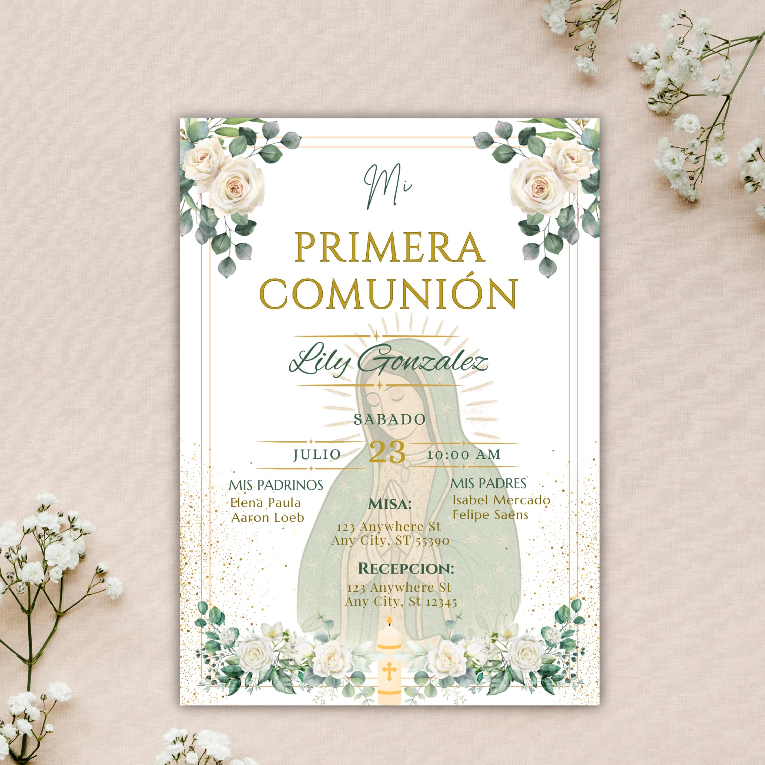 Invitación Mi Primera Comunión Niño o Niña, Invitacion Virgen de Guadalupe Para Evento Religioso