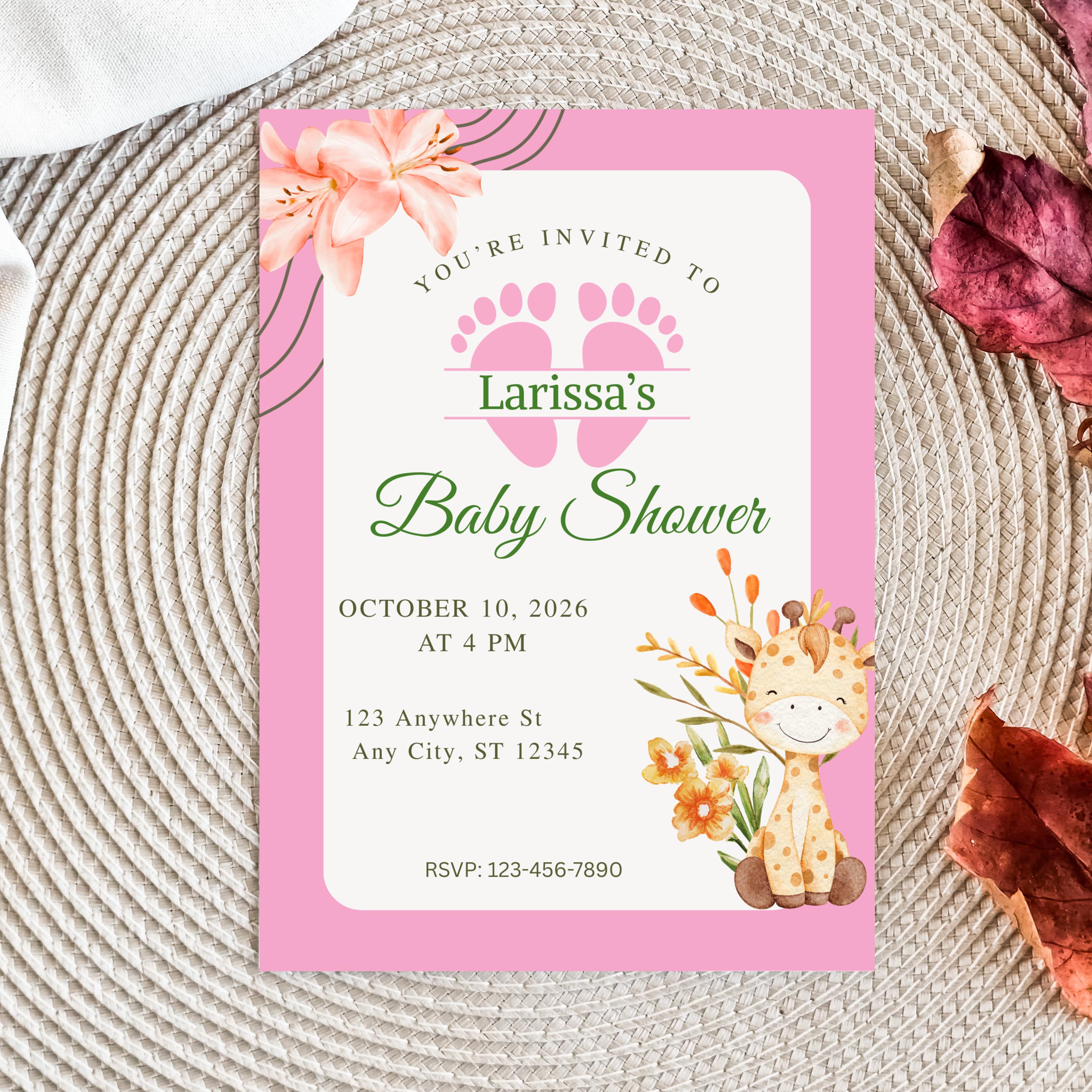Editable Baby Shower Invitation Girl, Personalized Pink Party Invite, Canva Template, Instant Download