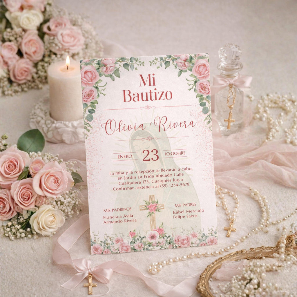 Pink Floral Spanish Baptism Invitation, Editable Elegant Christening Template, Pink Roses Invite For Girl