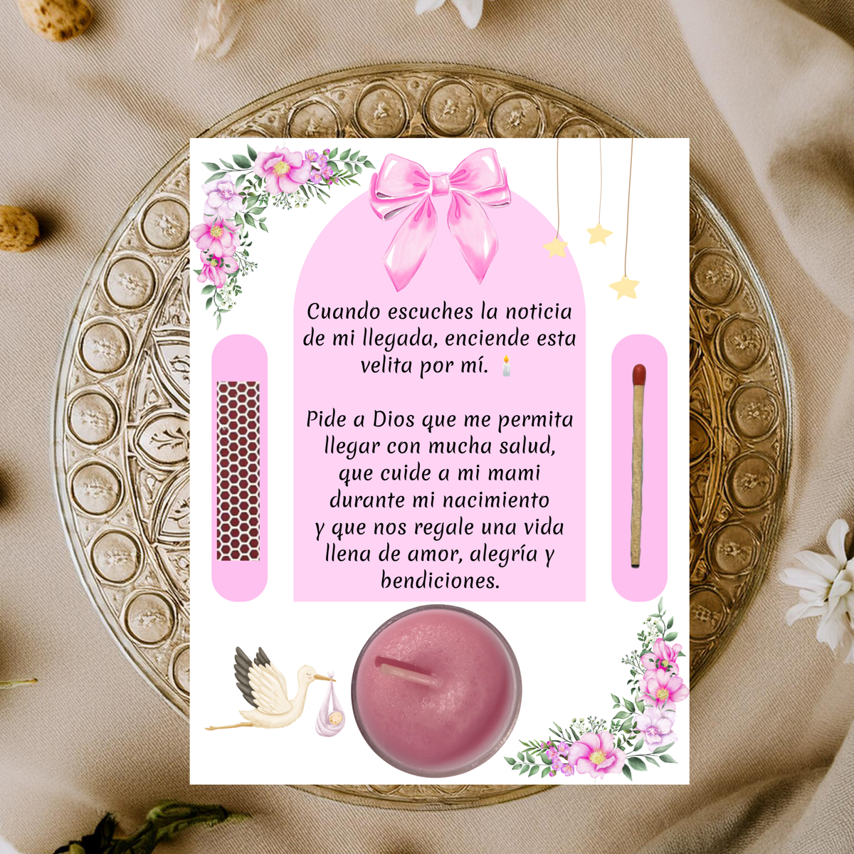 Pink Baby Shower Prayer Candle Favor | Spanish Baby Girl Party Favor