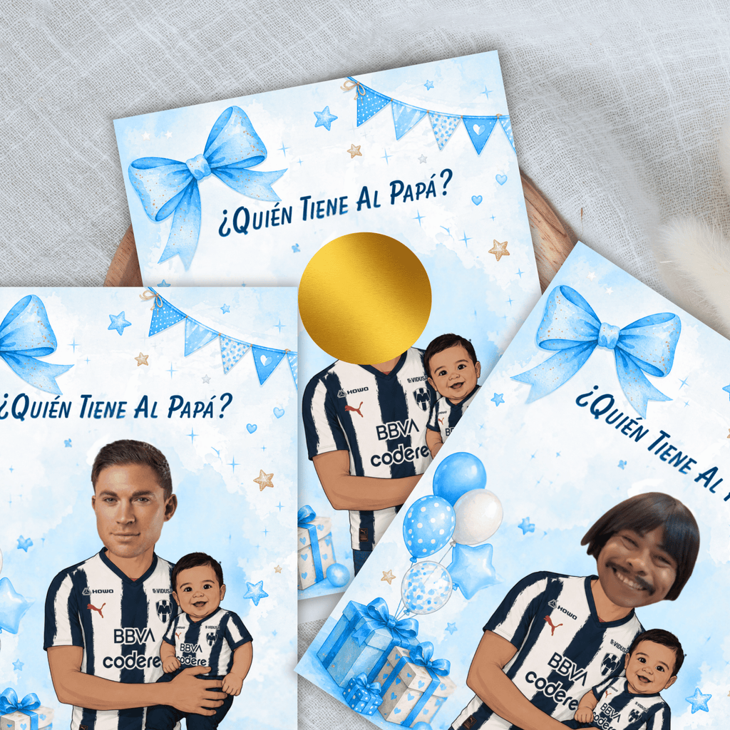 Baby Shower Quien Tiene Al Papá Game, Los Rayados Baby Boy Personalized Cards For Shower Game