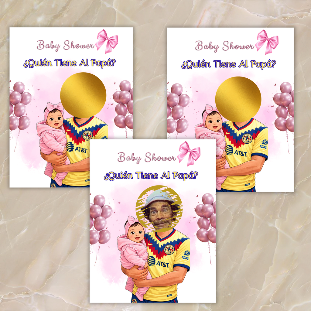 Quien Tiene Al Papá Baby Shower Game Featuring El America Soccer Jersey, Pink Who Has The Dad Scratch off Cards For Baby Girl Shower
