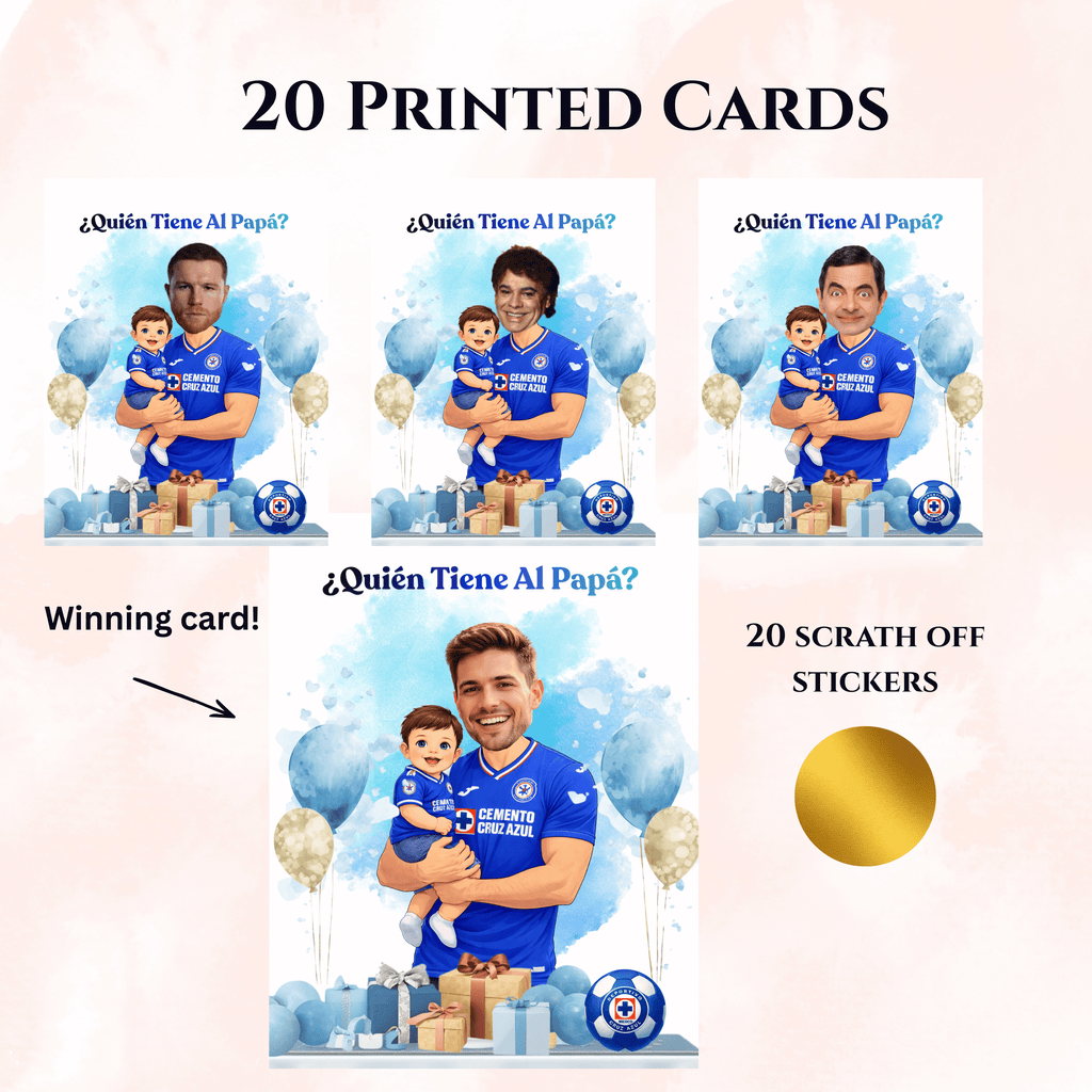 Quien Tiene Al Papá Baby Shower Game, Cruz Azul soccer Jersey Baby Boy Shower Scratch off Cards, Spanish Baby Shower Game