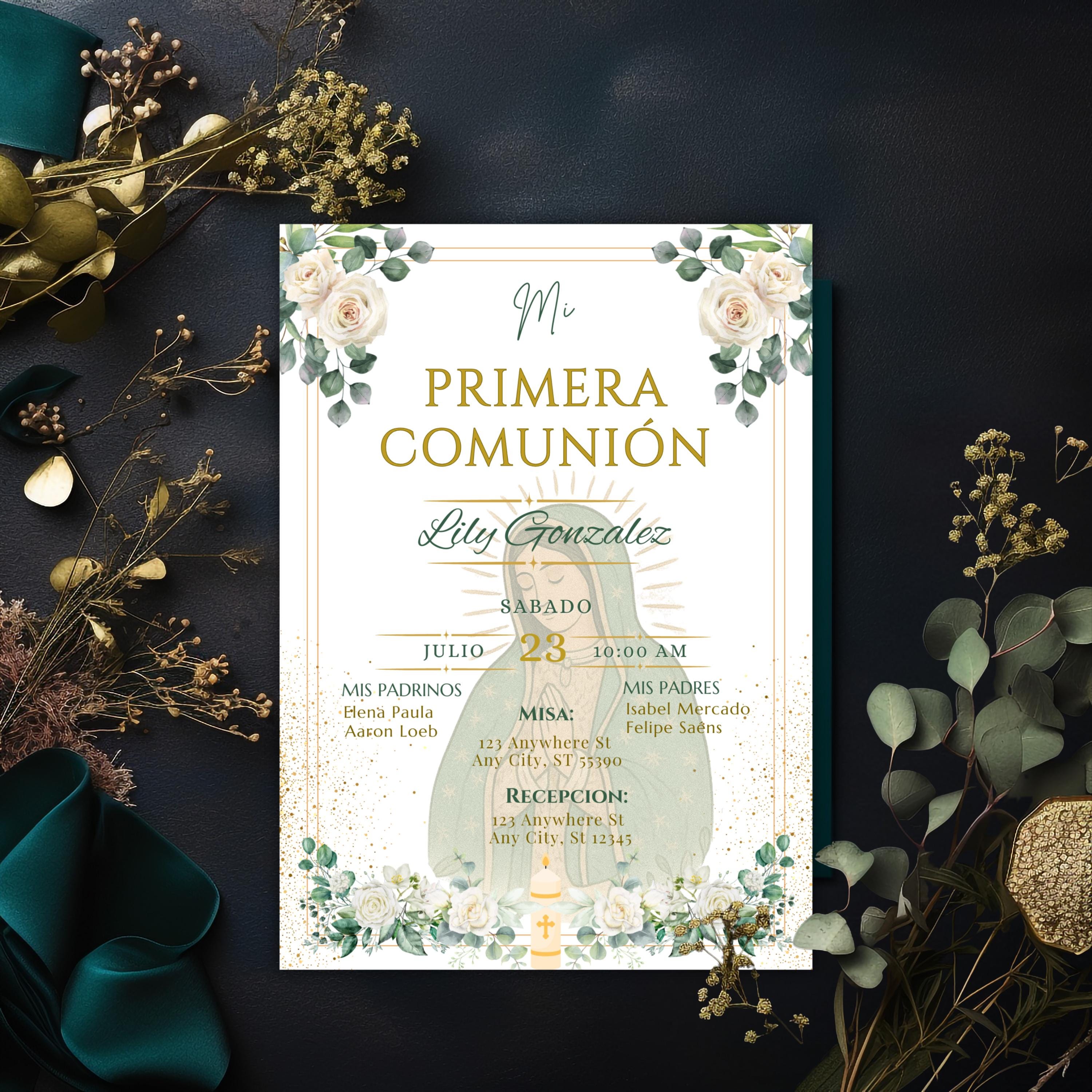 La Virgen De Guadalupe First Communion Invitation: Green & Gold Floral design Invite