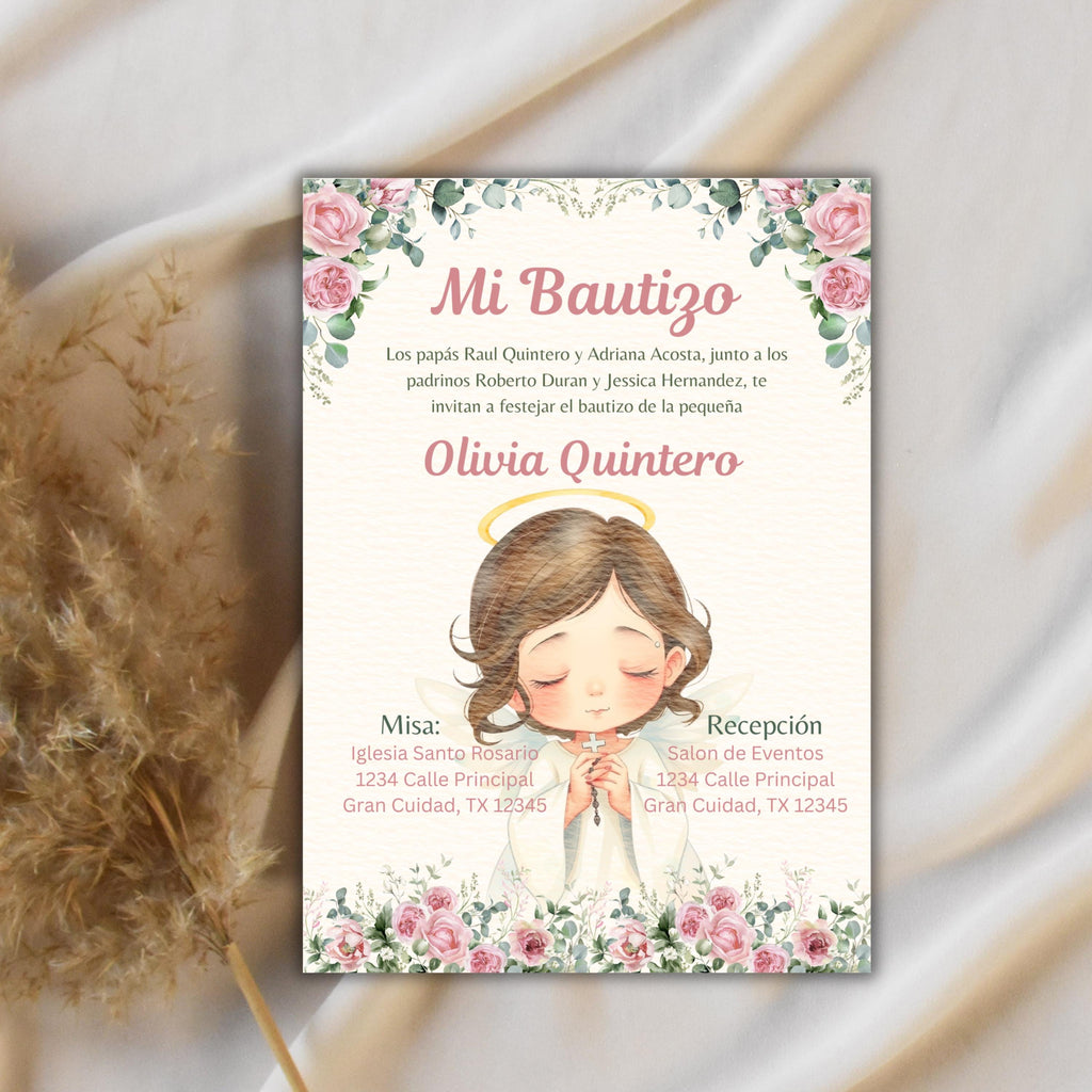 Editable Baptism Invitation, Pink & Green Floral Printable Christening Invite, Instant Download Template